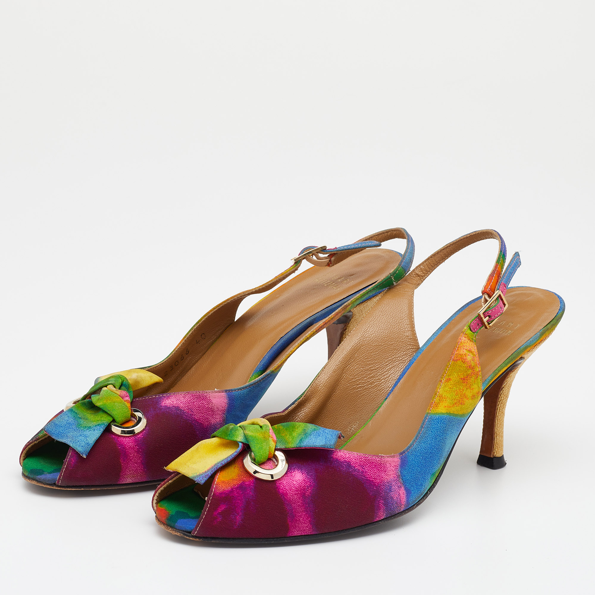 Stuart Weitzman Multicolor Fabric Peep Toe Slingback Sandals Size 40