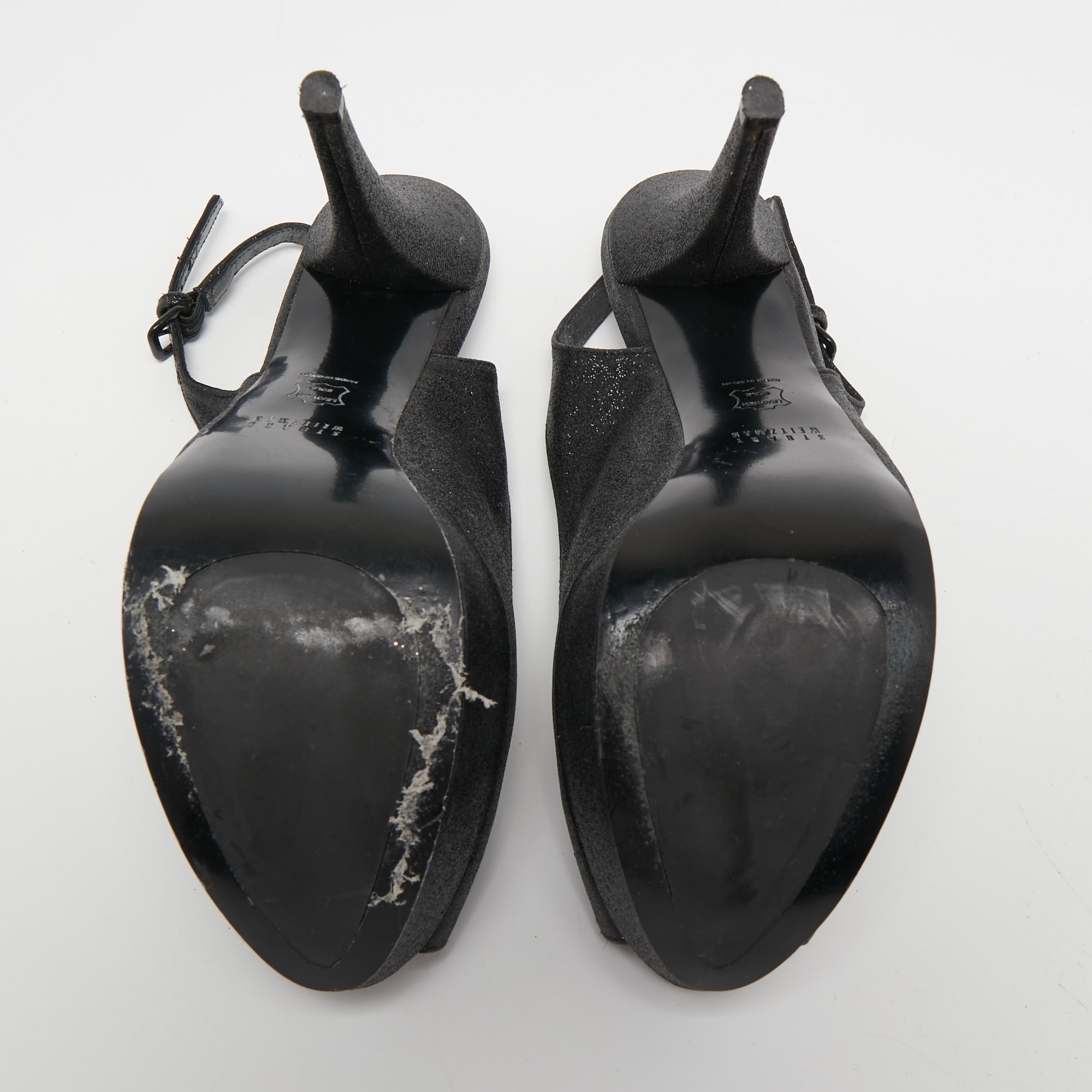 Stuart Weitzman Black Glitter And Leather Peep Toe Slingback Pumps Size 39