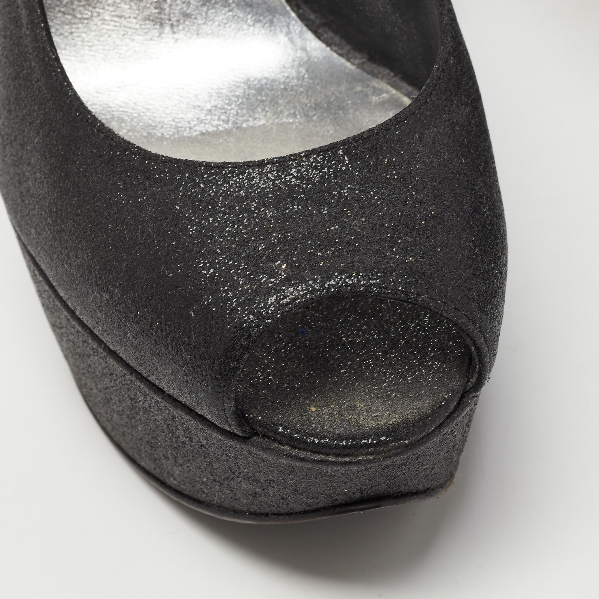 Stuart Weitzman Black Glitter Peep Toe Slingback Platform Pumps Size  38