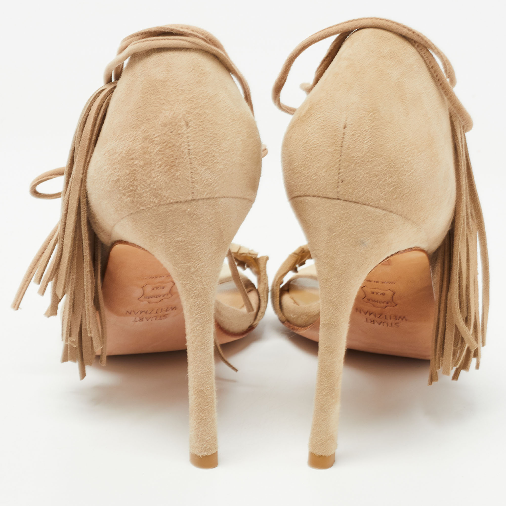 Stuart Weitzman Beige Suede Fringe Ankle Wrap Sandals Size 36