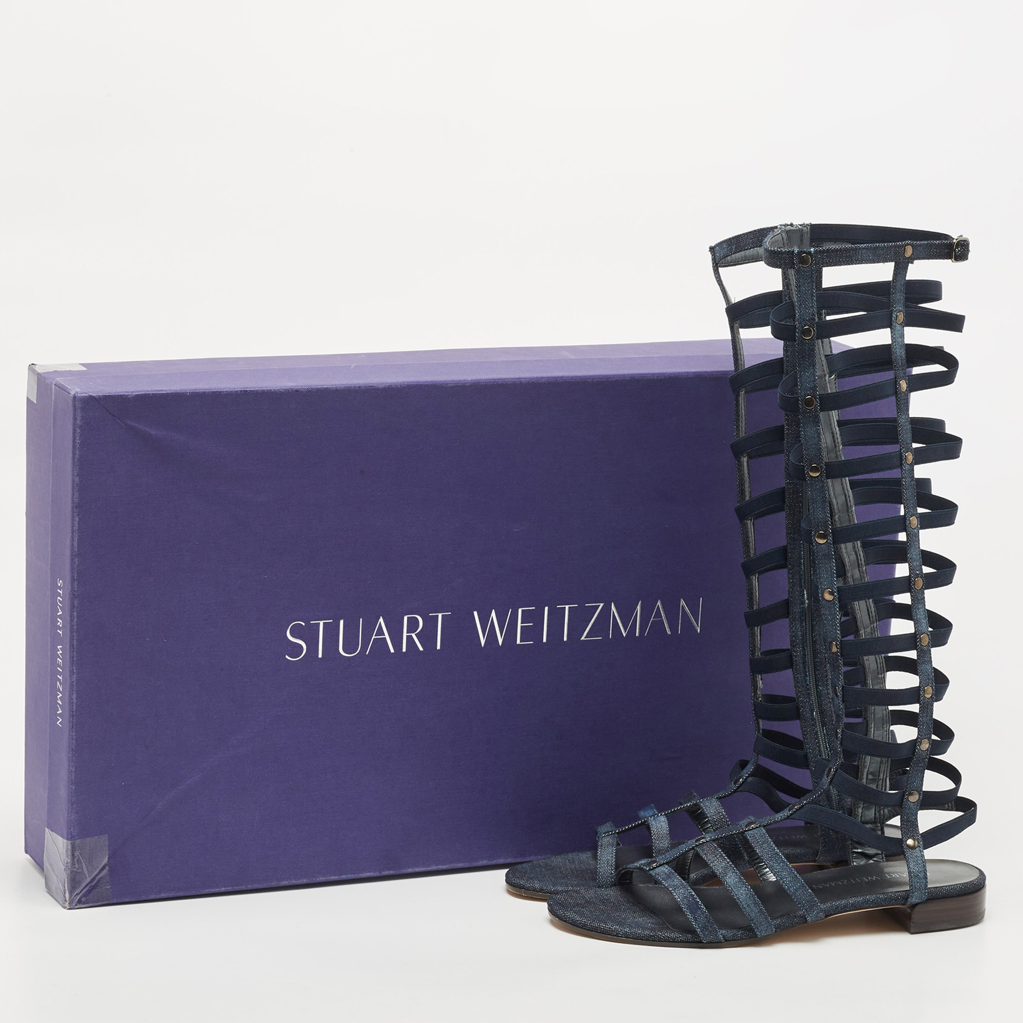 Stuart Weitzman Blue Denim And Elastic Gladiator Flat Sandals Size 39