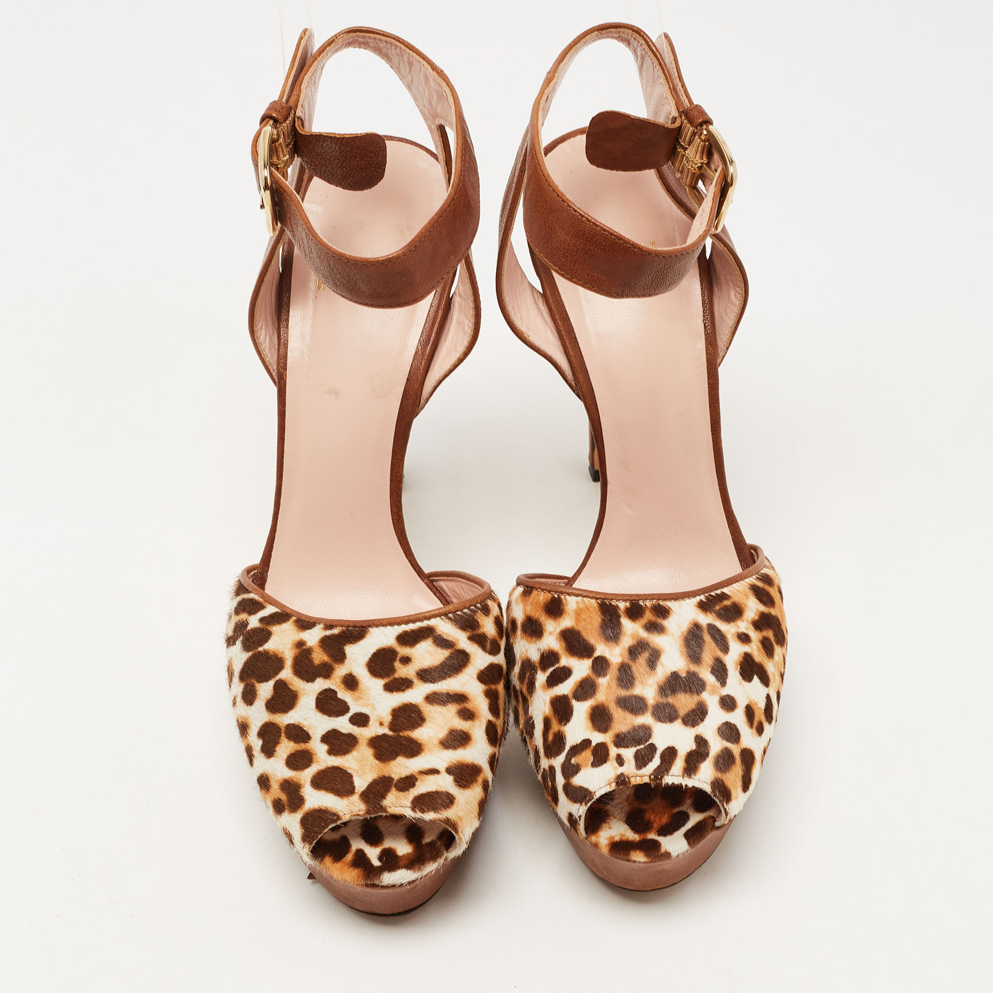 Stuart Weitzman Brown Leather And Leopard Print Pony Hair Platform Ankle Strap Sandals Size 38.5