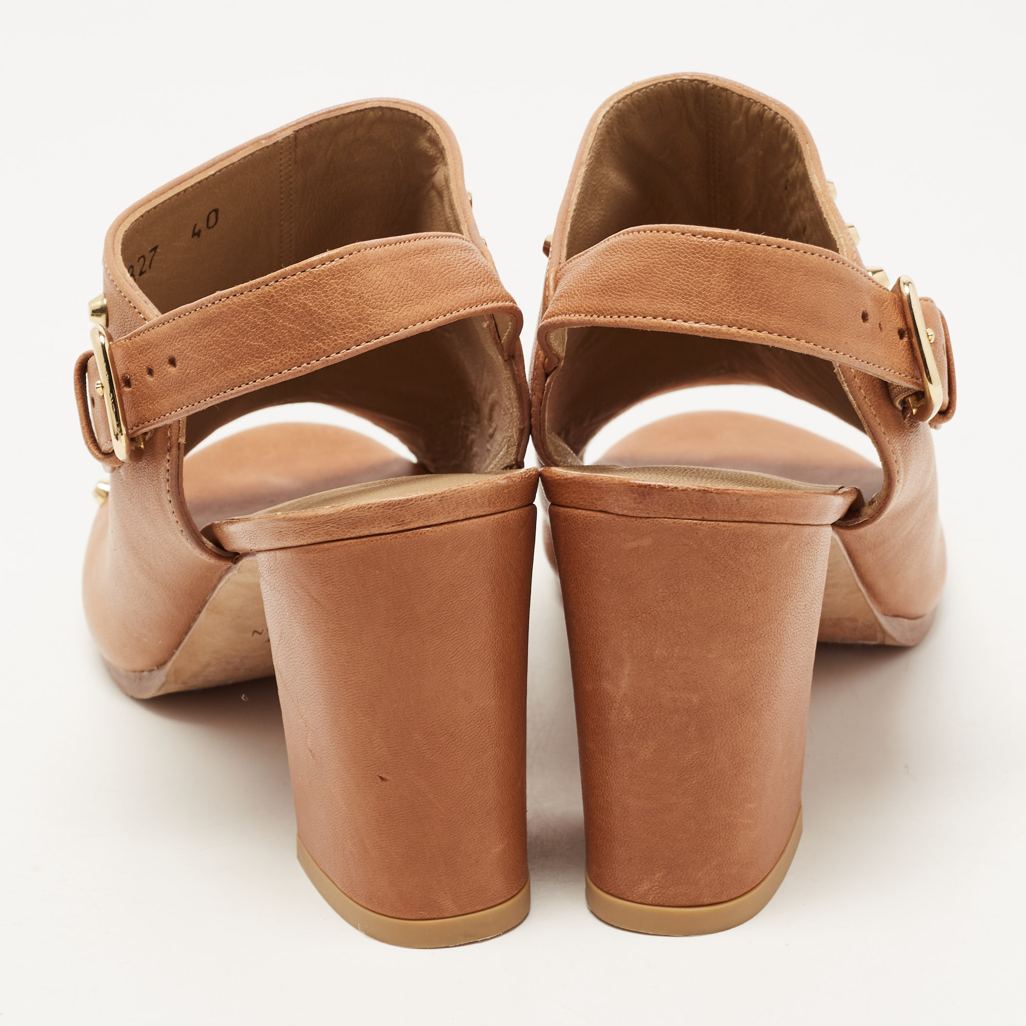 Stuart Weitzman Brown Leather Studded Slingback Block Heel Sandals Size 40