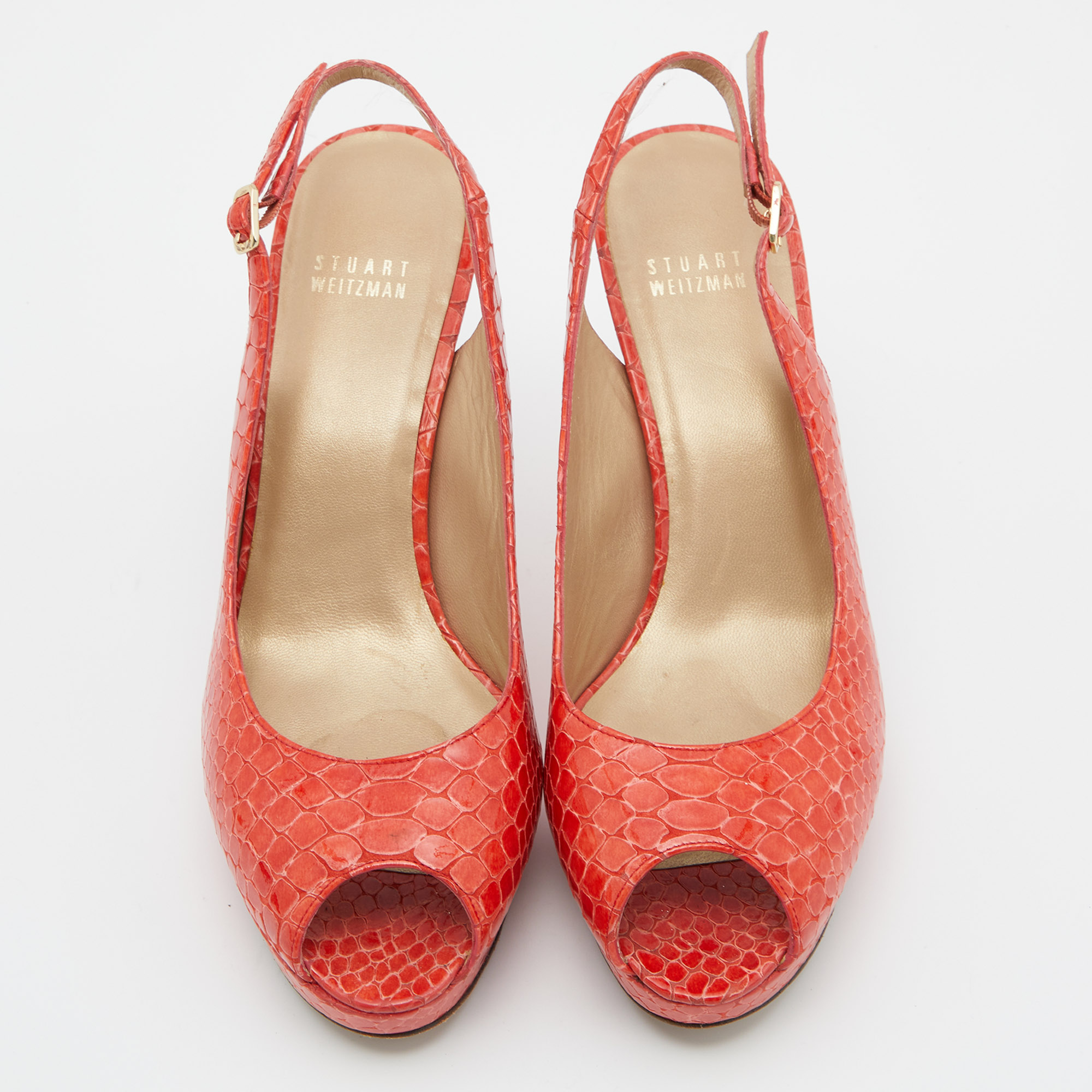 Stuart Weitzman Orange Python Embossed Leather Peep Toe Platform Slingback Pumps Size 40