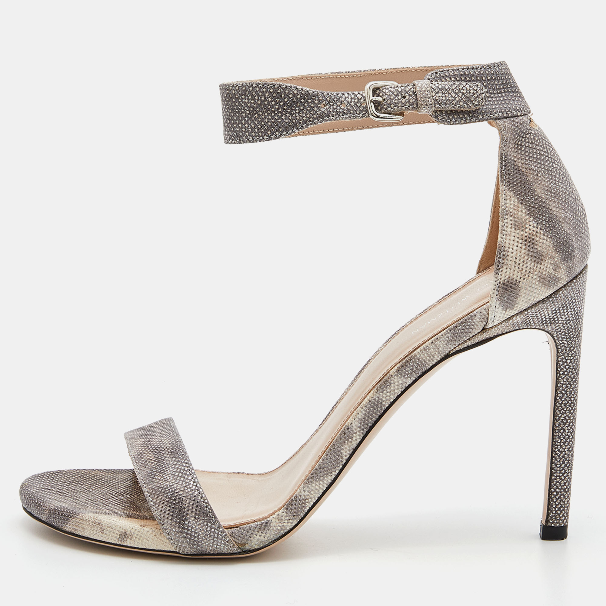 Stuart Weitzman Grey/Beige Karung Leather Ankle Strap Open Toe Sandals Size 39.5
