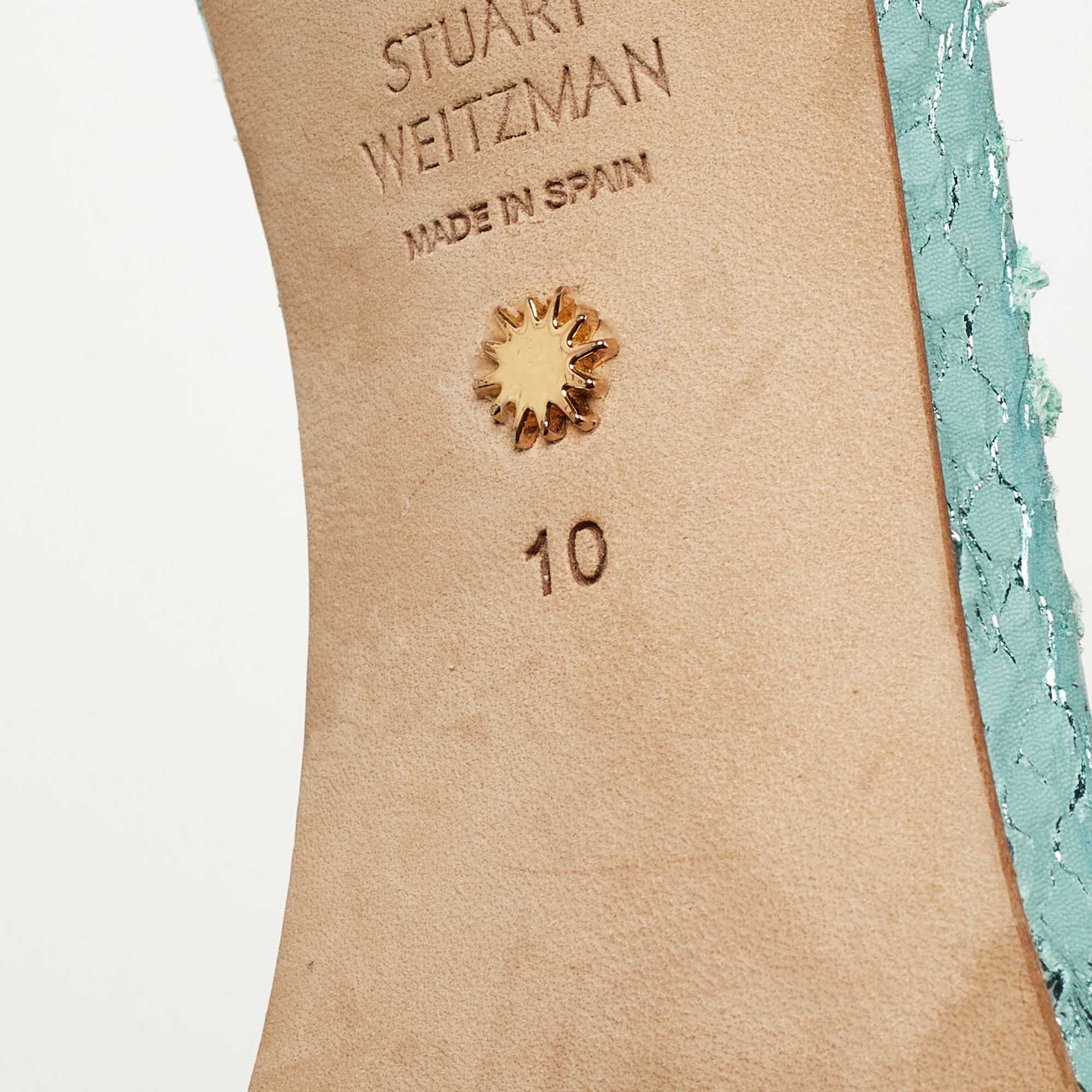 Stuart Weitzman Metallic Blue Python Embossed Leather Nudist Ankle Strap Sandals Size 41