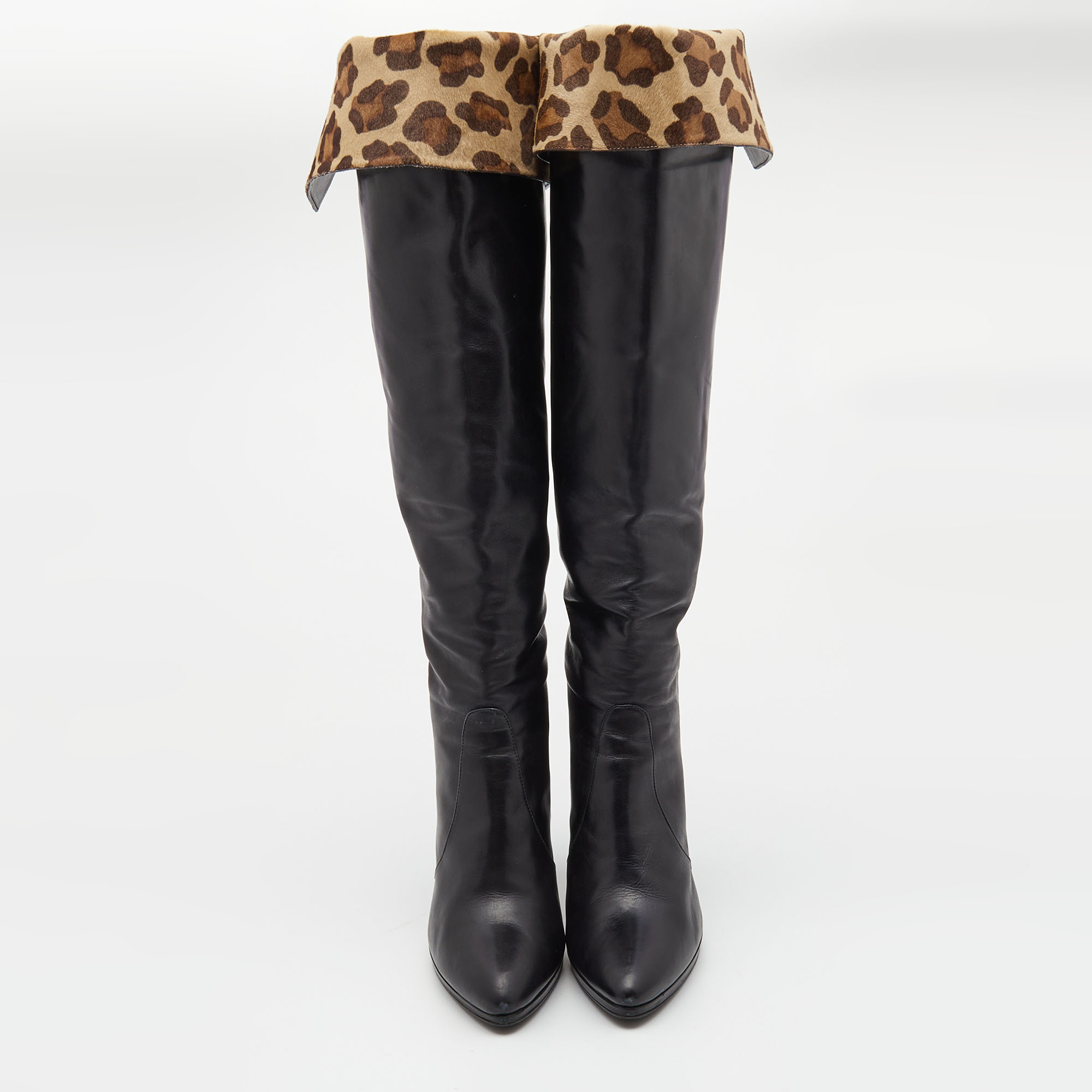 Stuart Weitzman Black Leather And Leopard Calf Hair Knee Length Boots Size 39