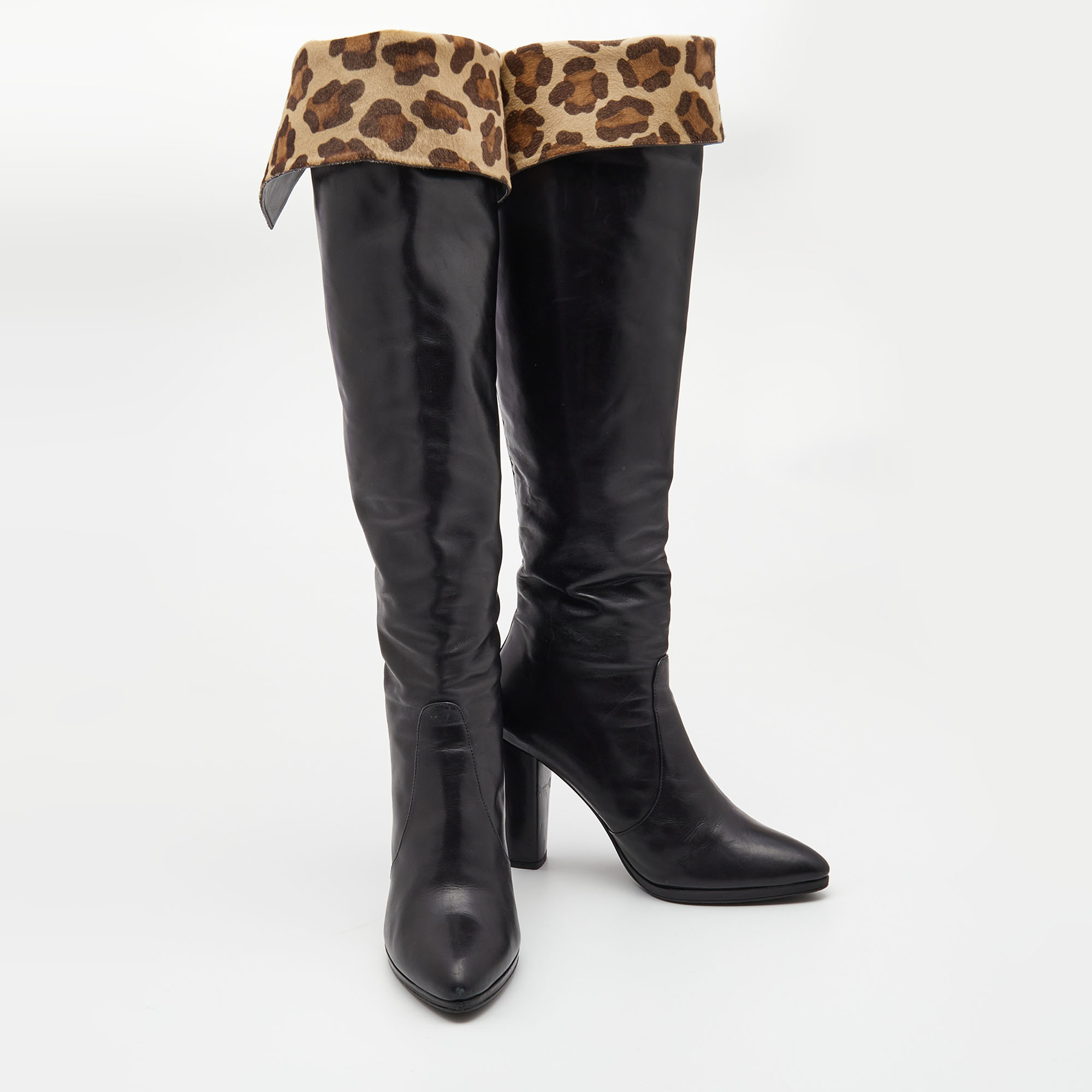 Stuart Weitzman Black Leather And Leopard Calf Hair Knee Length Boots Size 39