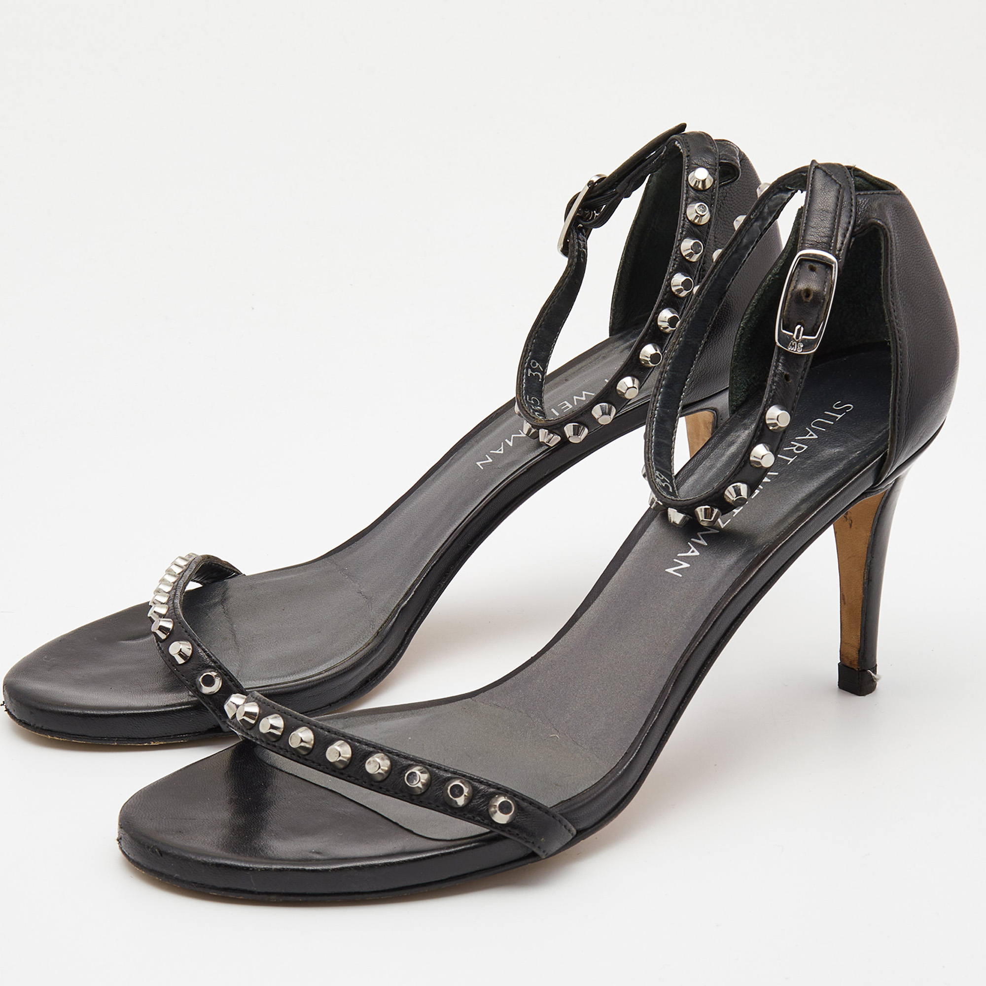 Stuart Weitzman Black Leather Studded Ankle Strap Sandals Size 39