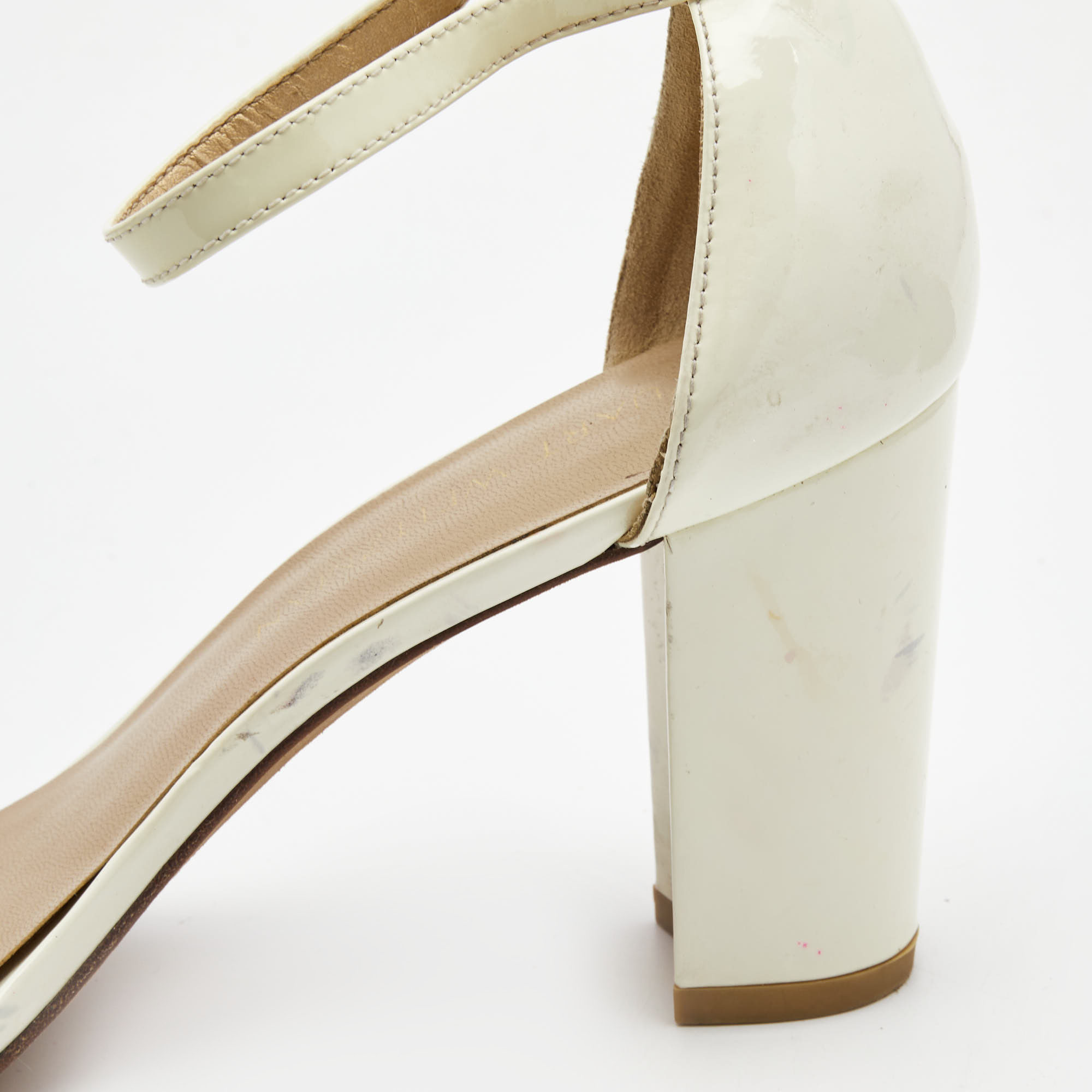 Stuart Weitzman Cream Patent Leather Block Heel Ankle Strap Sandals Size 39.5