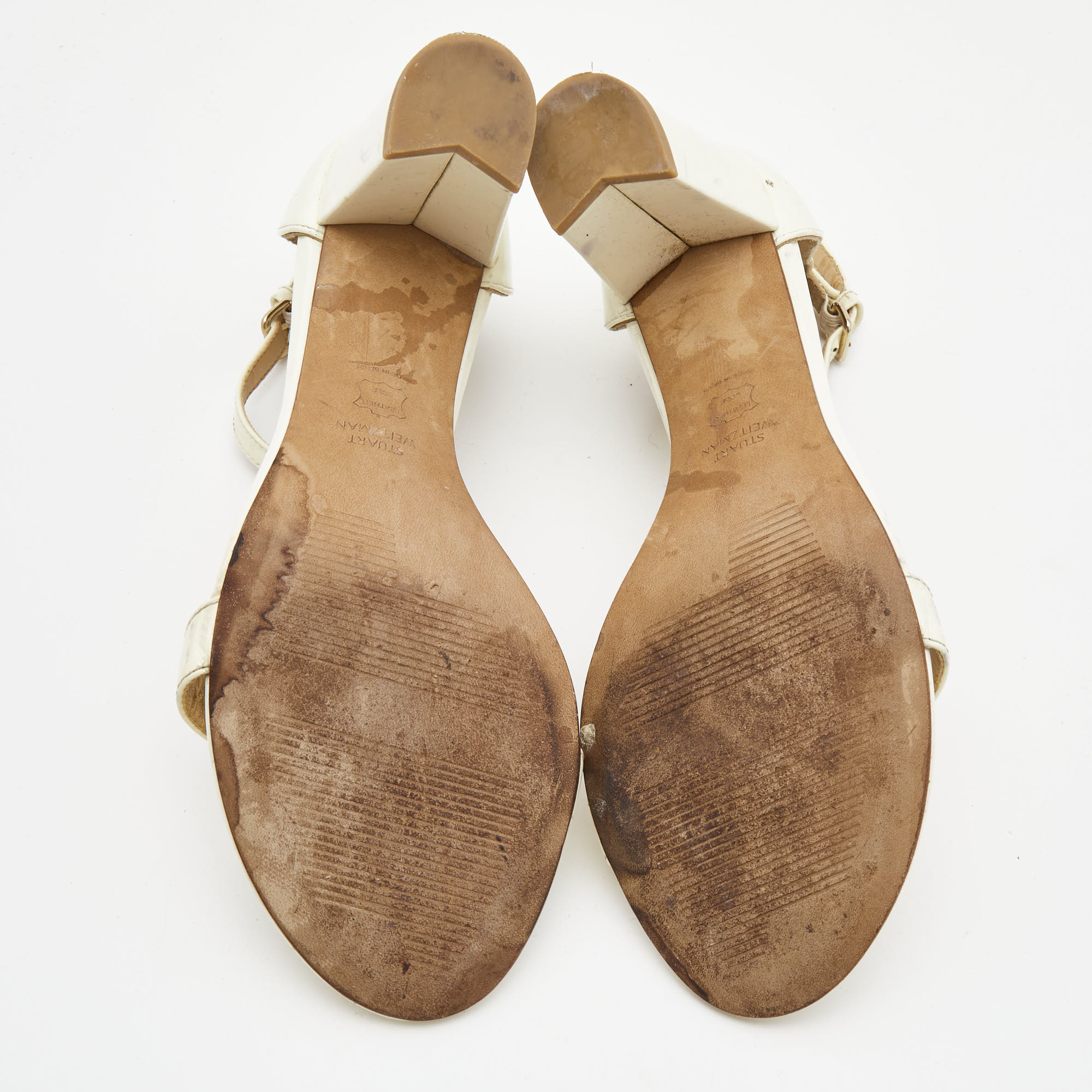 Stuart Weitzman Cream Patent Leather Block Heel Ankle Strap Sandals Size 39.5
