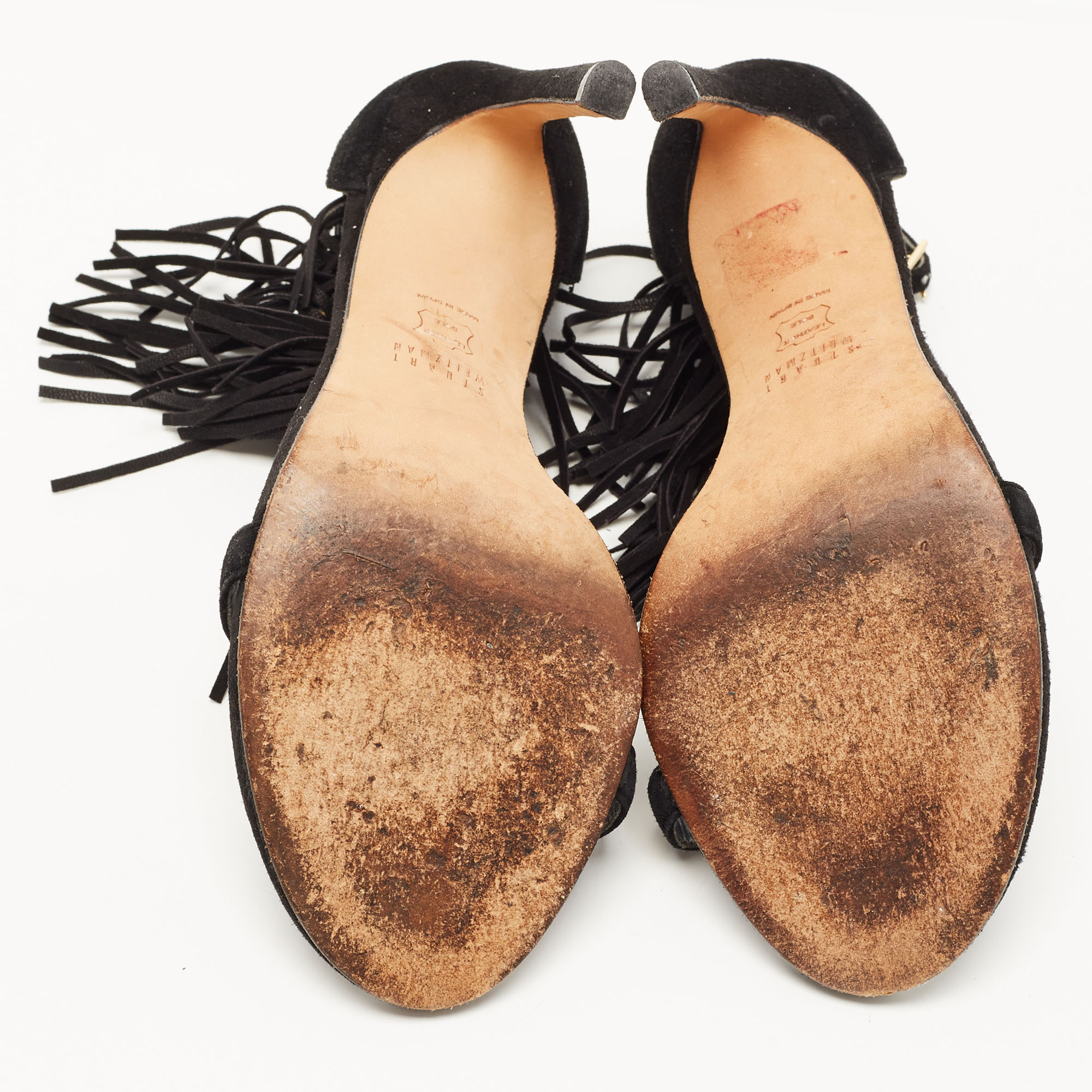 Stuart Weitzman Black Suede Love Fringe Ankle Strap Sandals Size 37.5