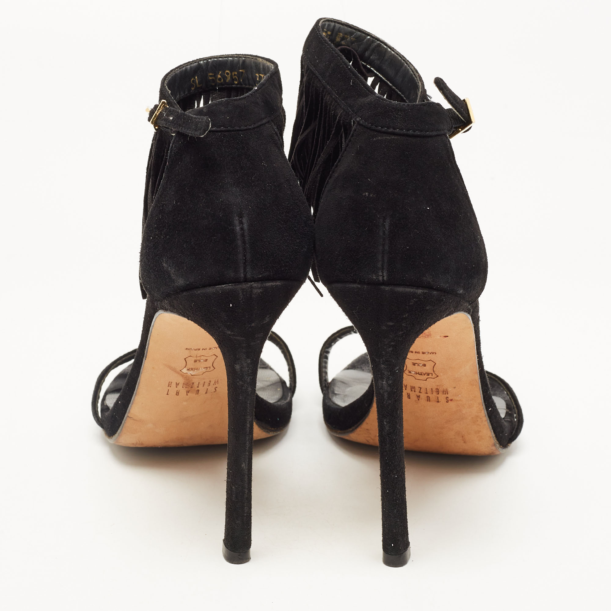Stuart Weitzman Black Suede Love Fringe Ankle Strap Sandals Size 37.5
