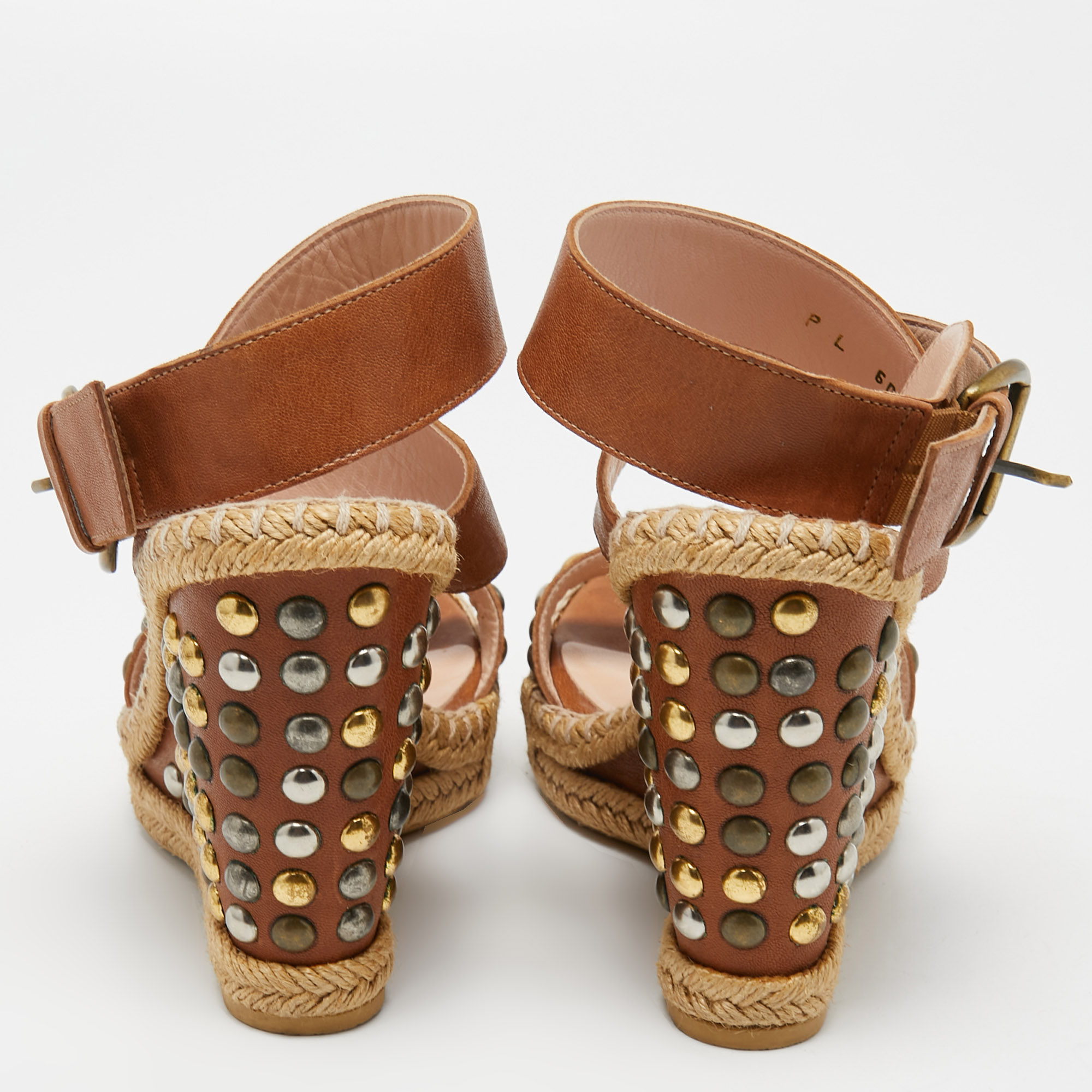 Stuart Weitzman Brown Studded Leather Hubcaps Wedge Sandals Size 39