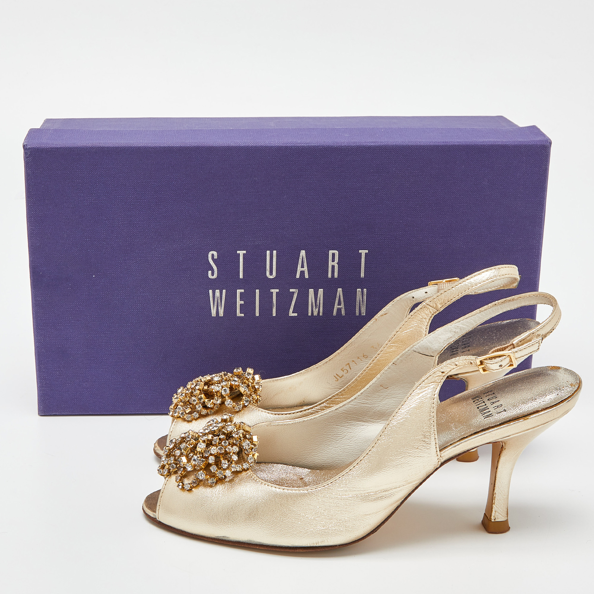 Stuart Weitzman Metallic Gold Leather Crystal Embellished Slingback Pumps Size 36