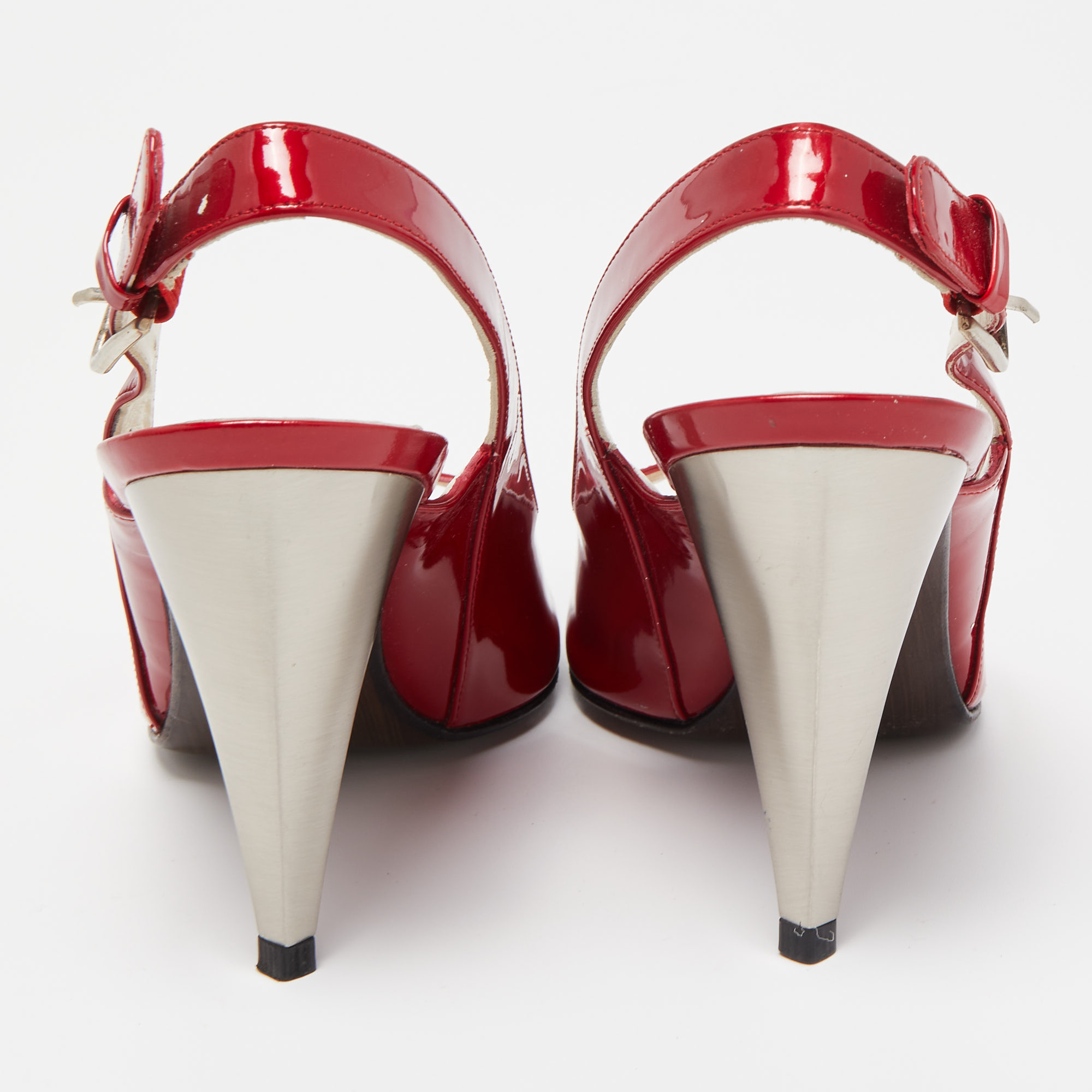 Stuart Weitzman Red Patent Leather Peep Toe Slingback Pumps Size 37.5