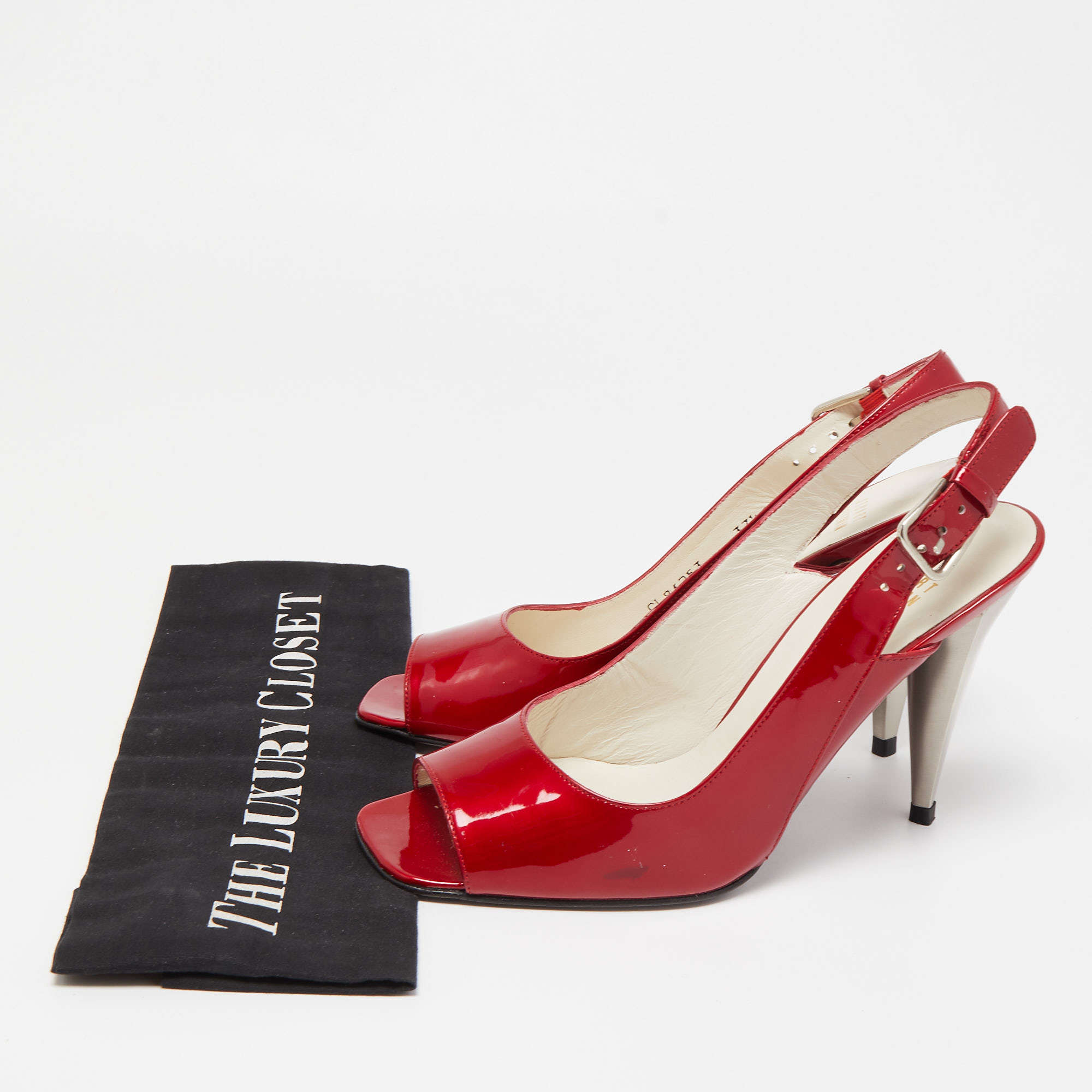 Stuart Weitzman Red Patent Leather Peep Toe Slingback Pumps Size 37.5
