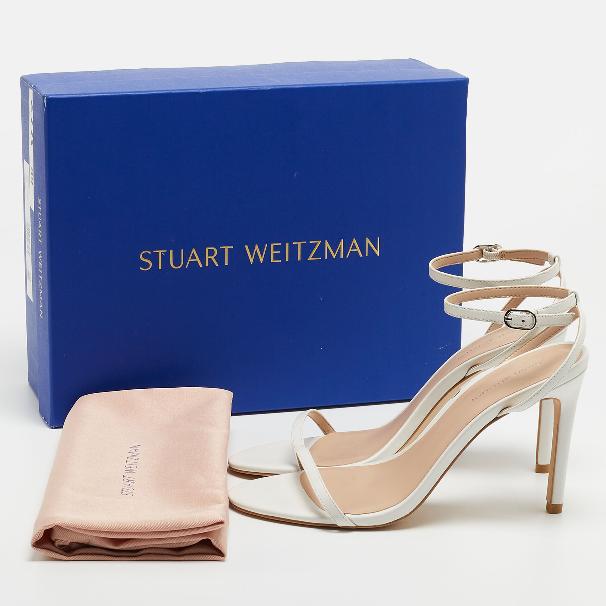 Stuart Weitzman White Leather Nudist Ankle Strap Sandals Size 39