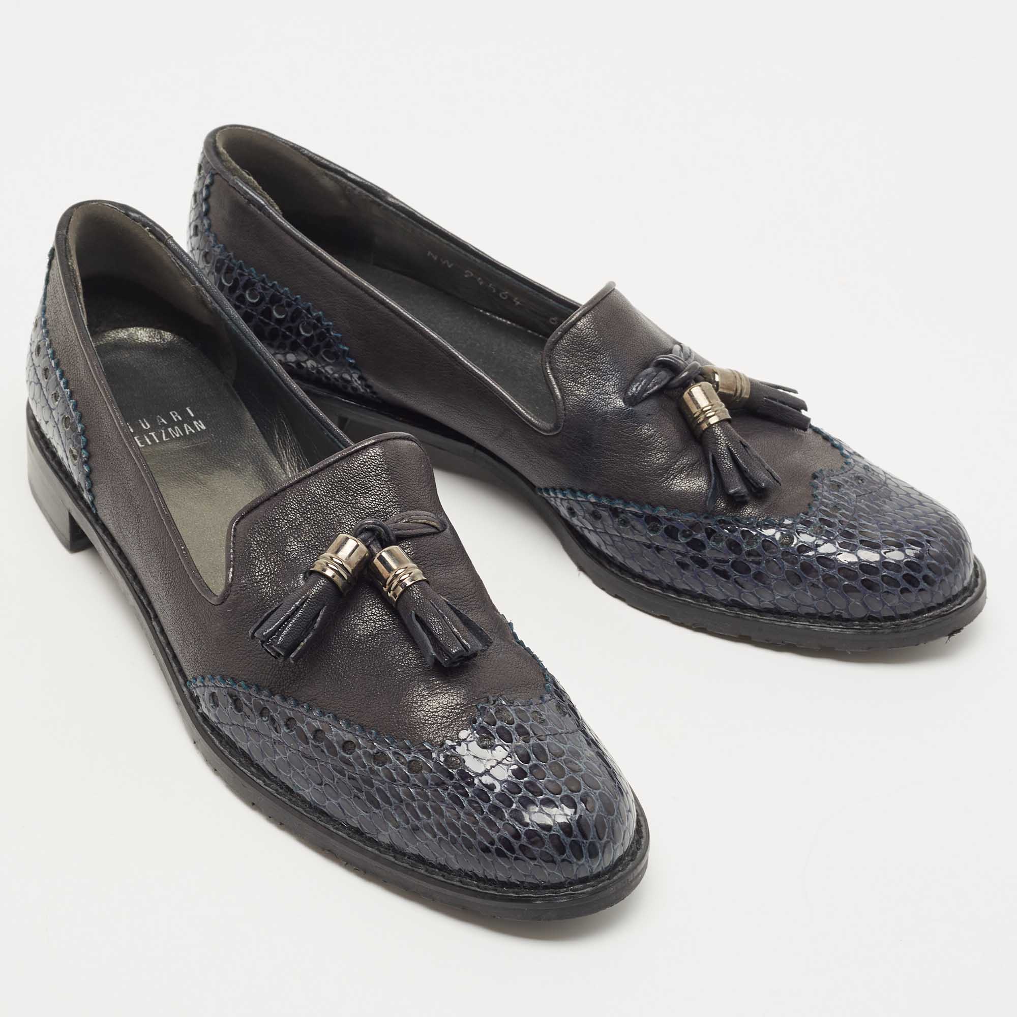 Stuart Weitzman Grey/Black Python Embossed And Leather Tassel Loafers  Size 37