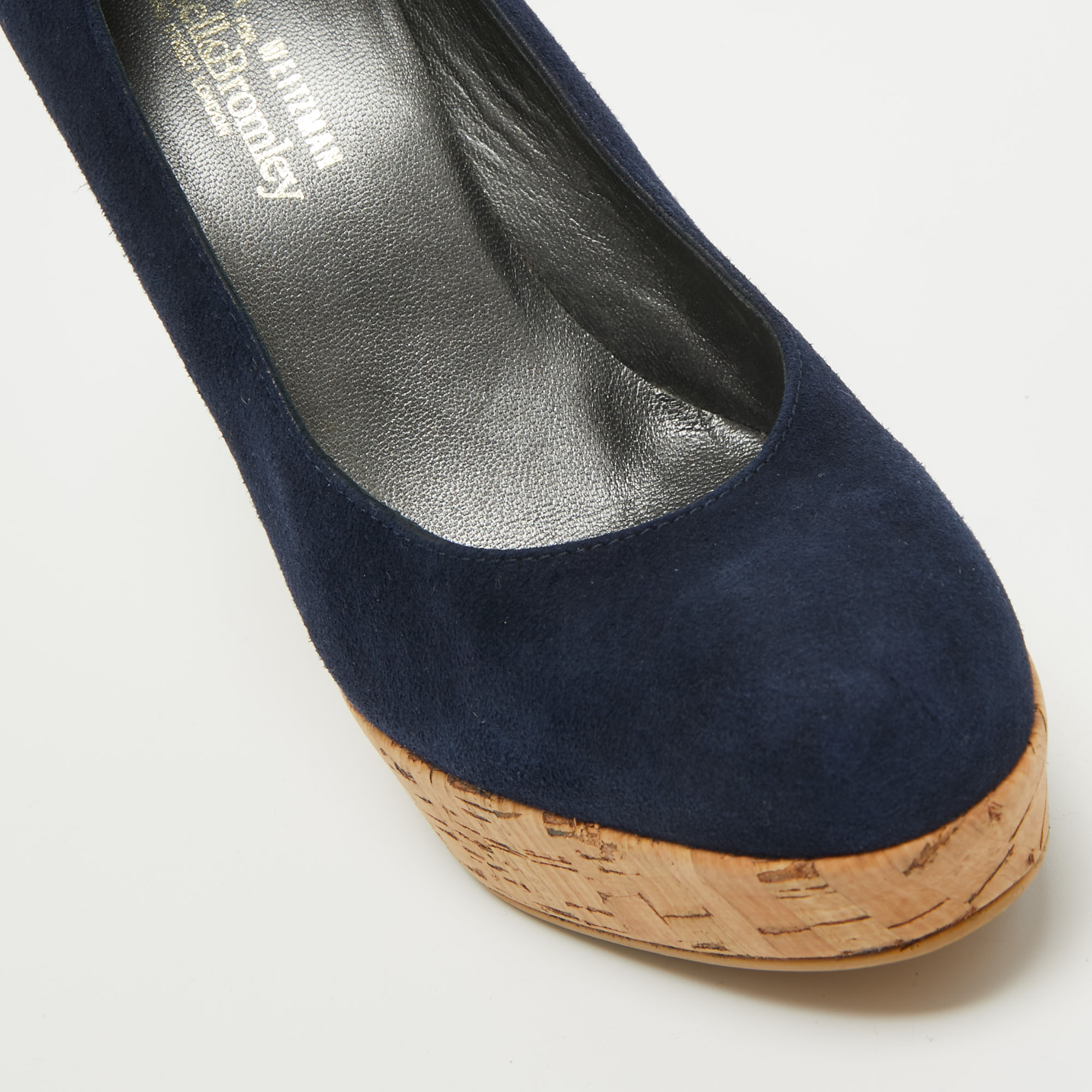 Stuart Weitzman X Russell Bromley Navy Blue Suede Corkswoon Wedge Pumps Size 35.5