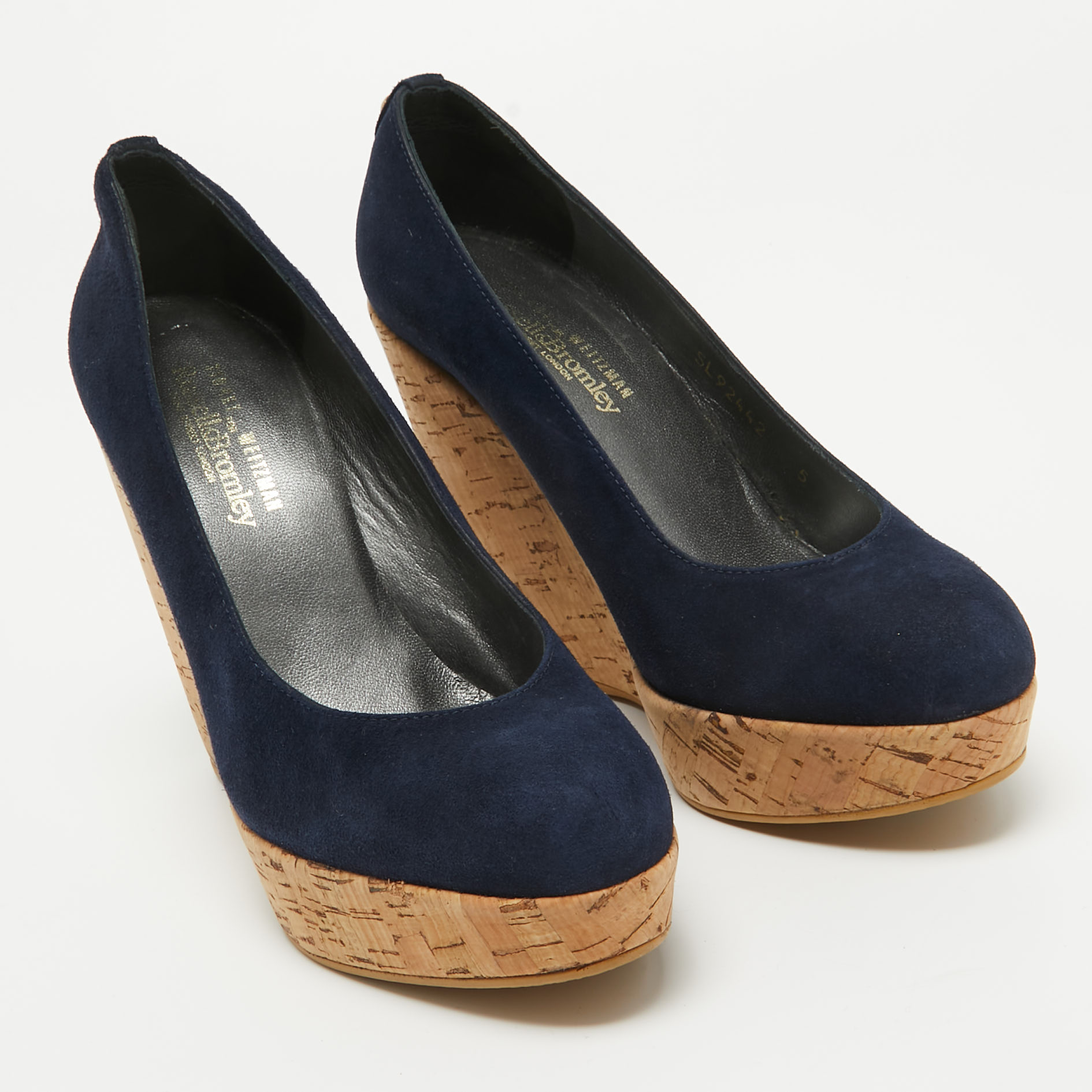 Stuart Weitzman X Russell Bromley Navy Blue Suede Corkswoon Wedge Pumps Size 35.5
