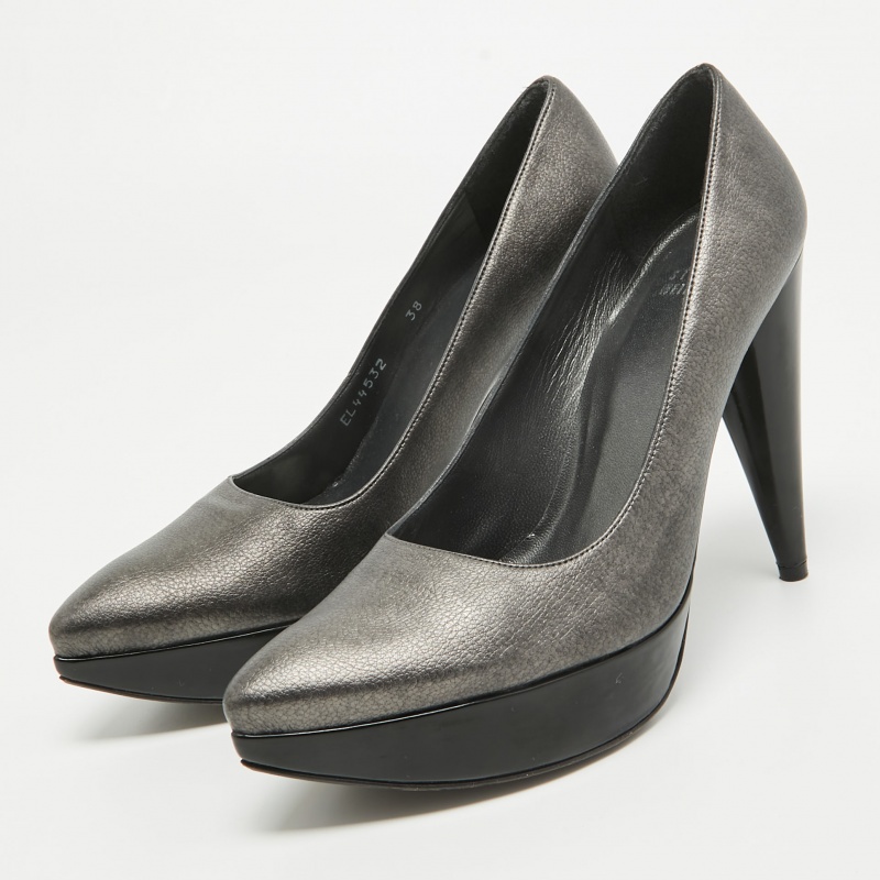 Stuart Weitzman Metallic Grey Leather Platform Pumps Size 38