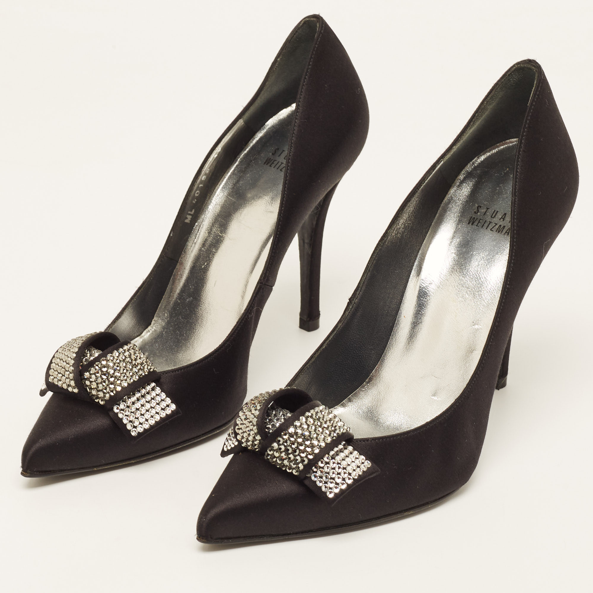 Stuart Weitzman Black Satin Crystal Embellished Bow Pointed Toe Pumps Size 39