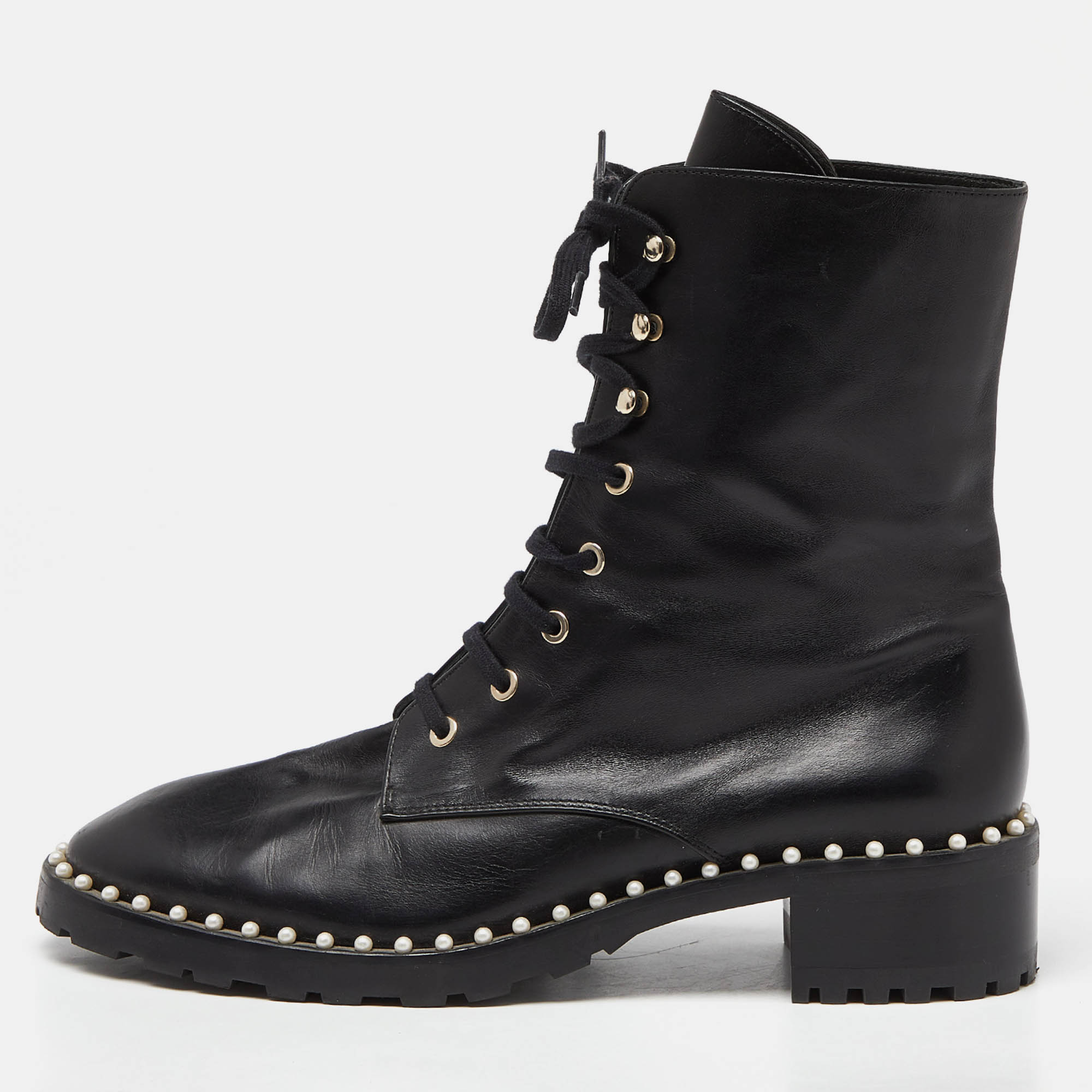 Stuart weitzman black leather sondra pearl embellished ankle boots size 40