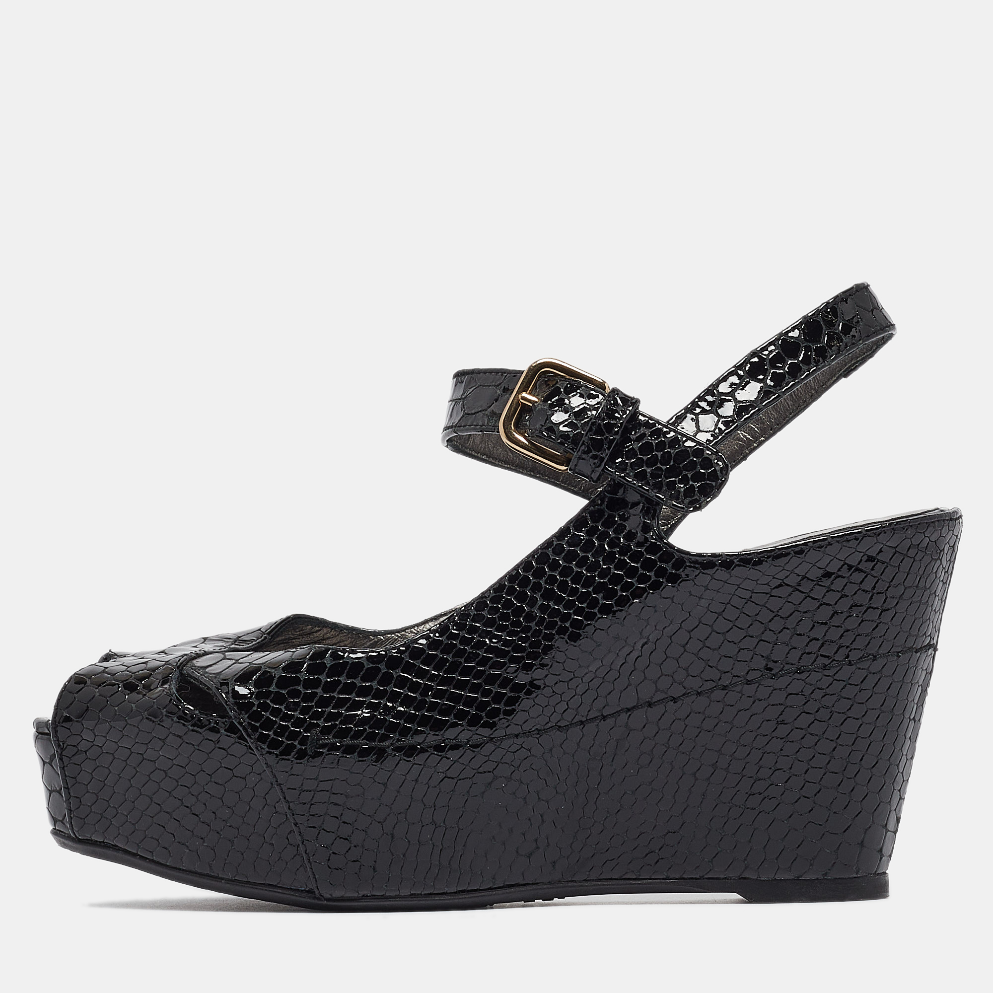 Stuart weitzman black embossed python platform wedge ankle strap sandals size 38