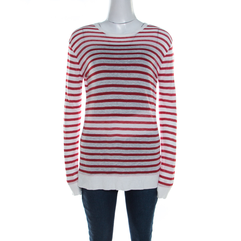 Image of T by Alexander Wang Red Striped Linen Blend Jersey Long Sleeve Top XS