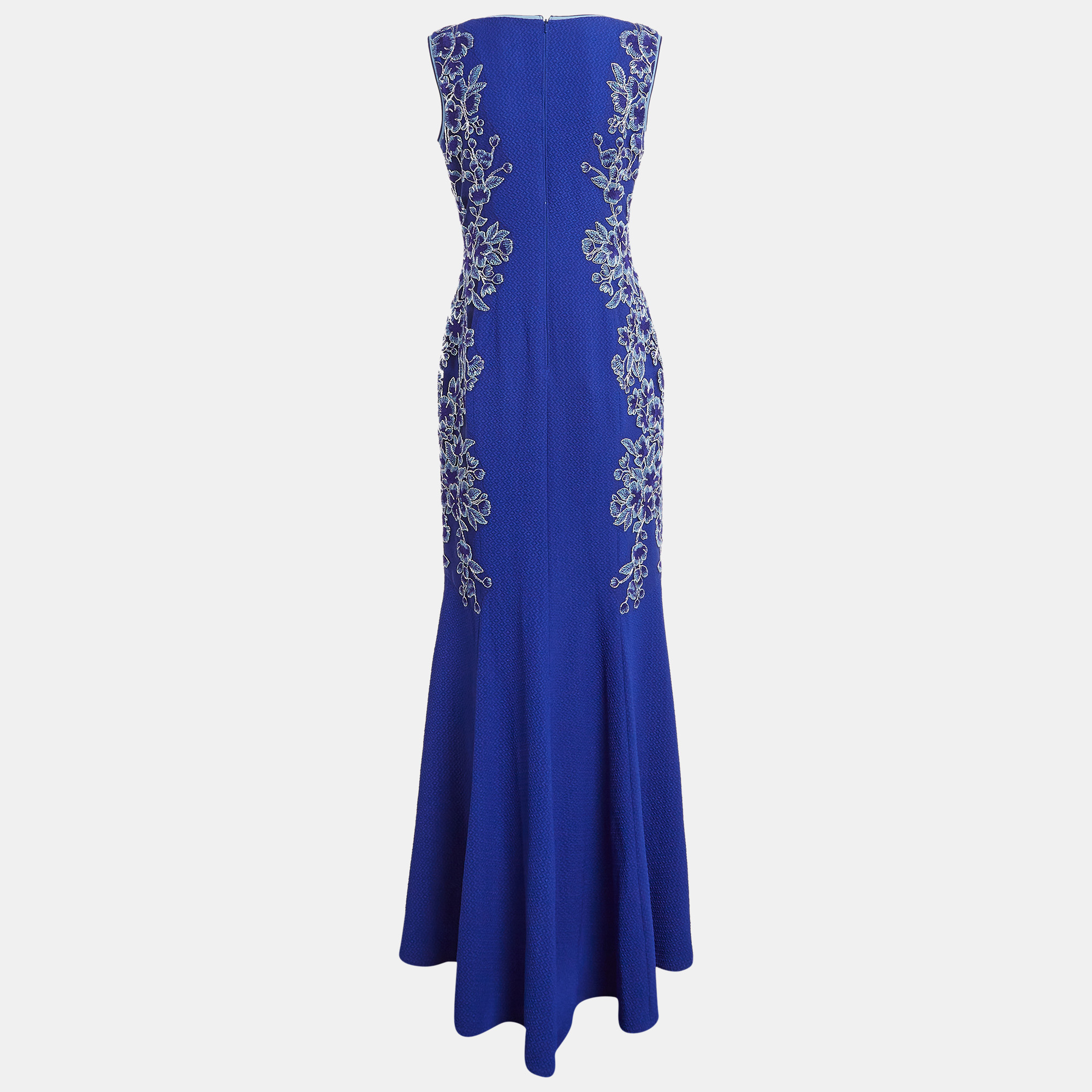 Tadashi Shoji Blue Floral Embroidery Textured Crepe Sleeveless Gown S