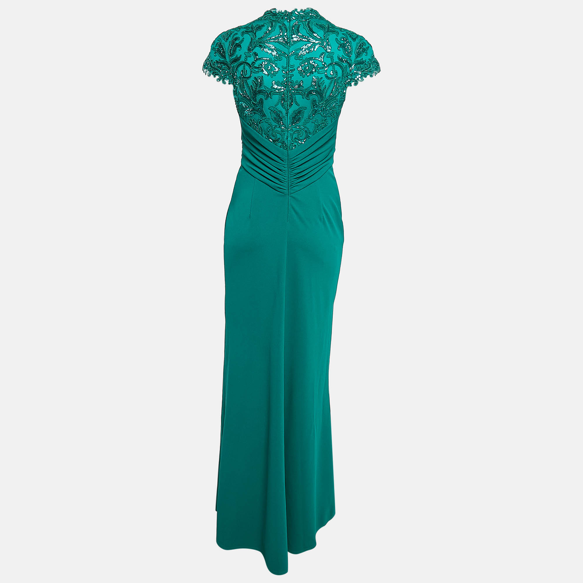 Tadashi Shoji Emerald Green Percy Sequin Jersey Drape Gown S