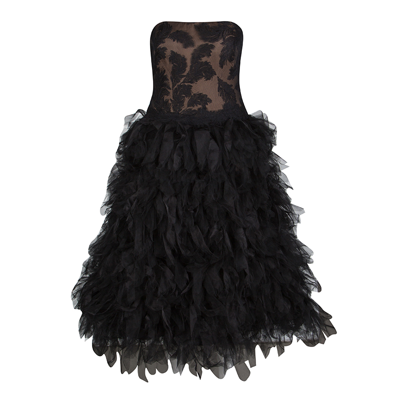 Image of Tadashi Shoji Black Tulle Embroidered Faux Feather Strapless Dress M