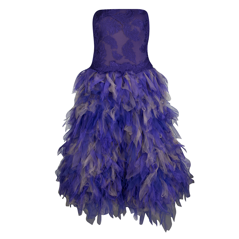 Image of Tadashi Shoji Purple and Begie Tulle Embroidered Faux Feather Strapless Dress M
