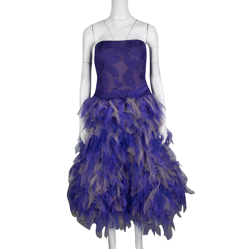 Image of Tadashi Shoji Purple and Begie Tulle Embroidered Faux Feather Strapless Dress L