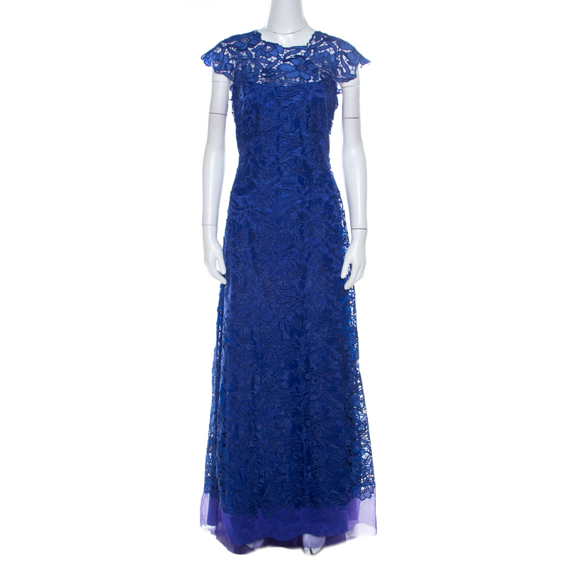 Image of Tadashi Shoji Royal Blue Lace Cap Sleeve Milien Evening Dress M