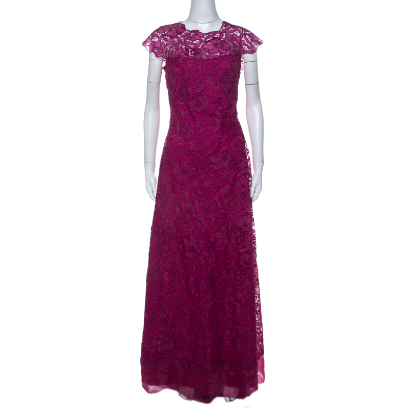 Image of Tadashi Shoji Grape Purple Lace Cap Sleeve Milien Evening Dress M