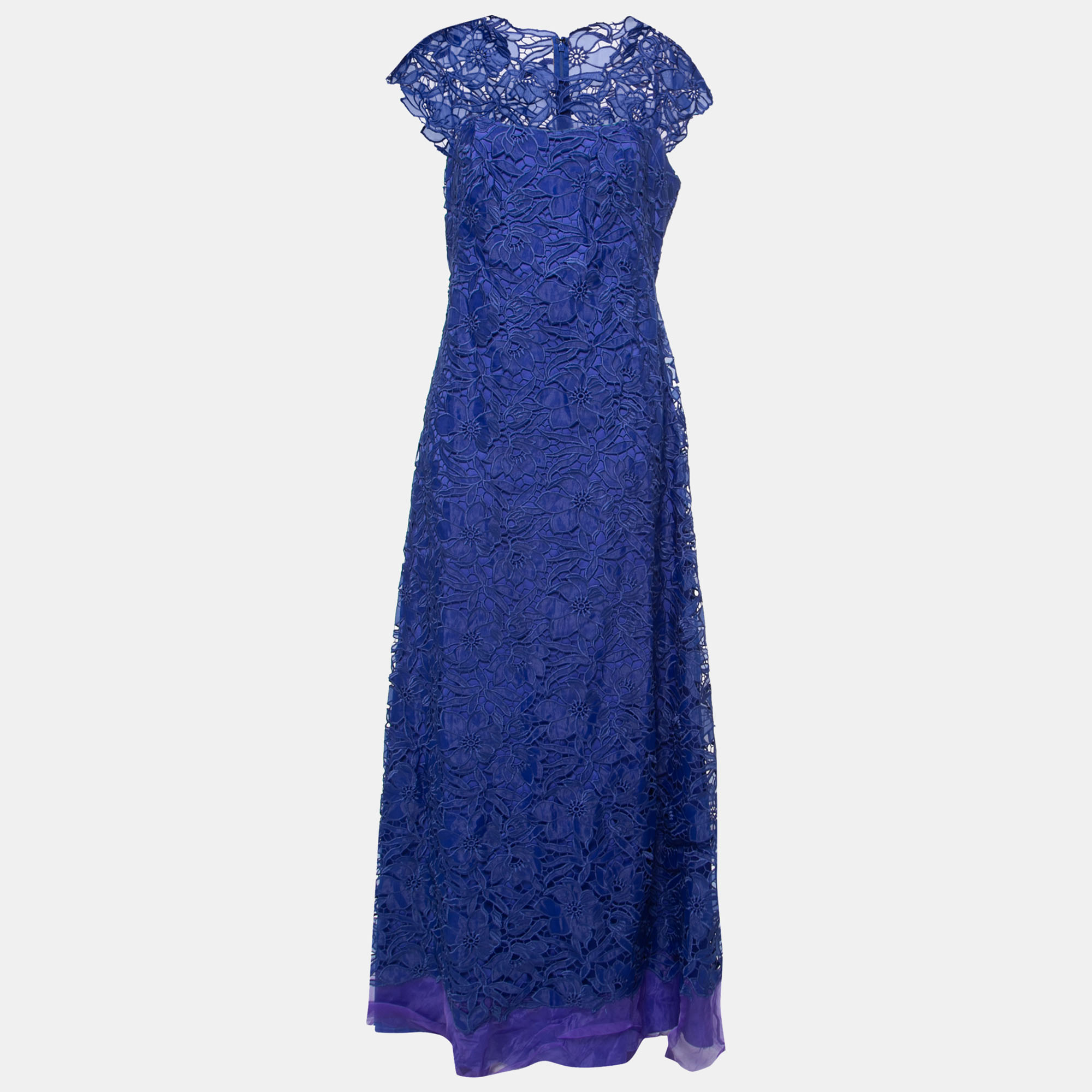 Tadashi Shoji Royal Blue Lace Cap Sleeve Milien Evening Gown L