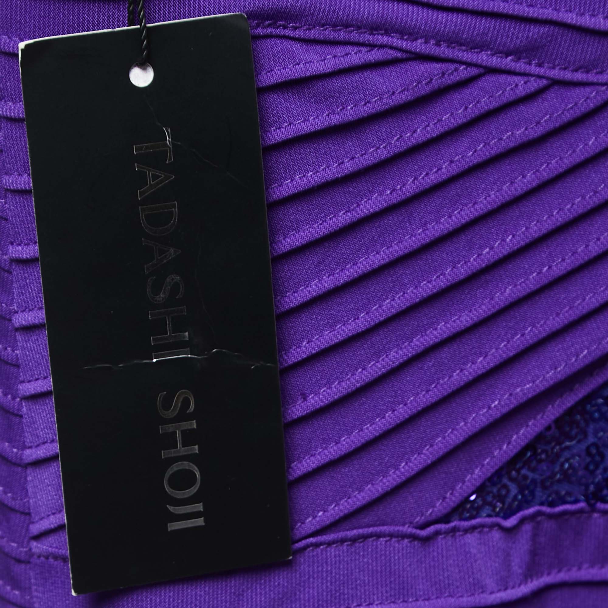 Tadashi Shoji Purple Pin-Tucked Jersey Jovian Strapless Sequins Gown L