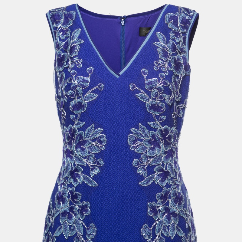 Tadashi Shoji Blue Knit Floral Lace Applique Sleeveless Gown S