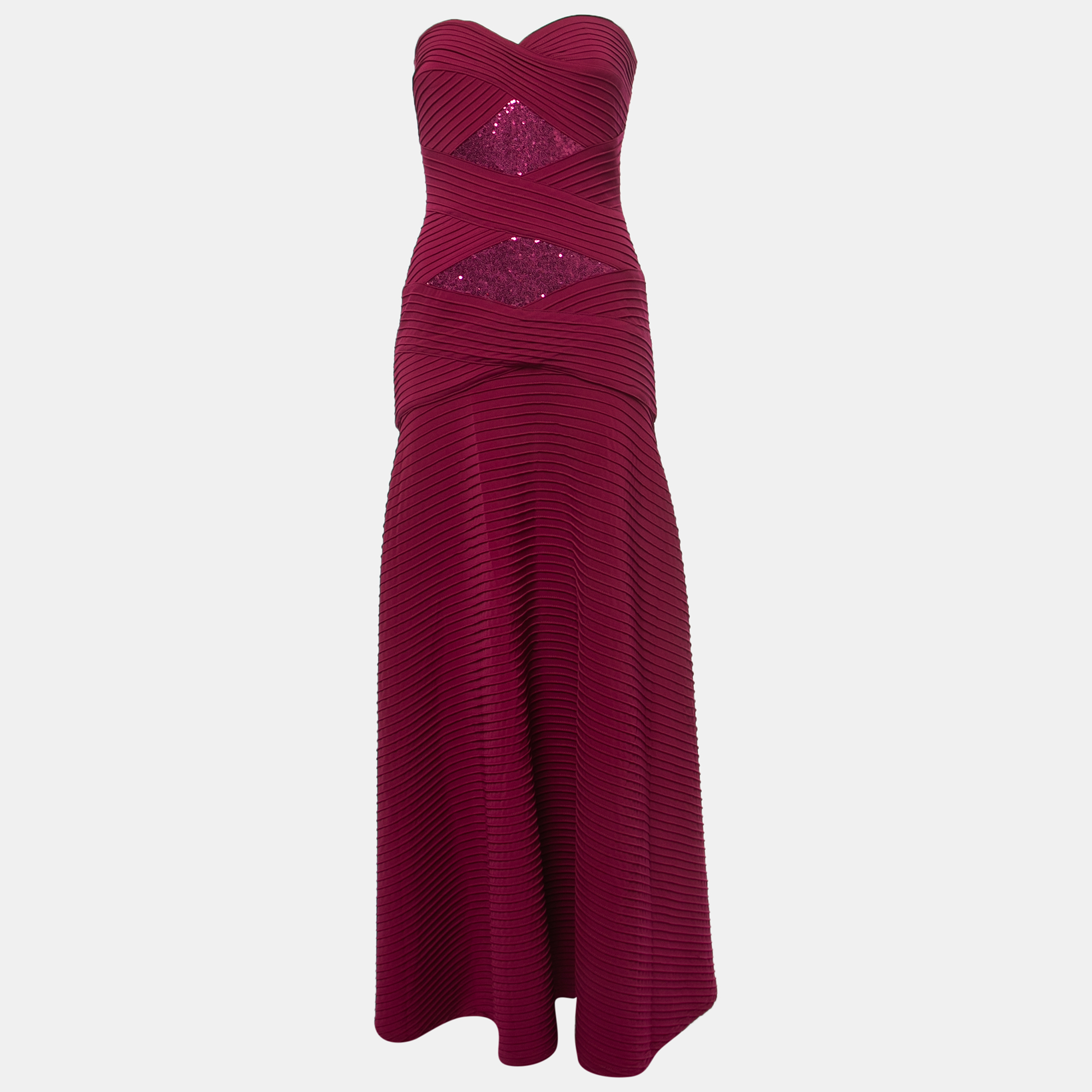 Tadashi Shoji Burgundy Pin-Tucked Jersey Jovian Strapless Sequins Gown XS