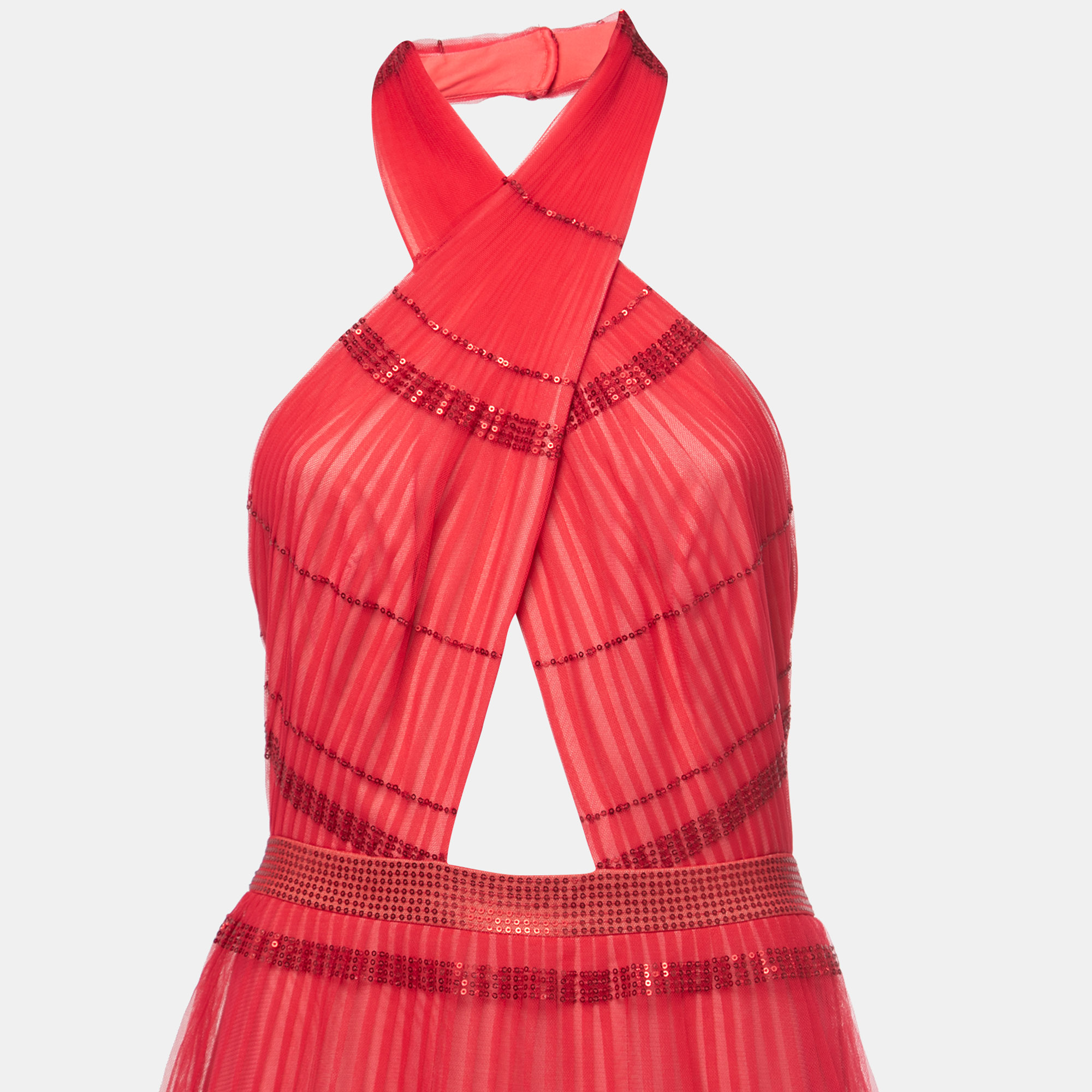 Tadashi Shoji Red Pleated Tulle Halterneck Gown M