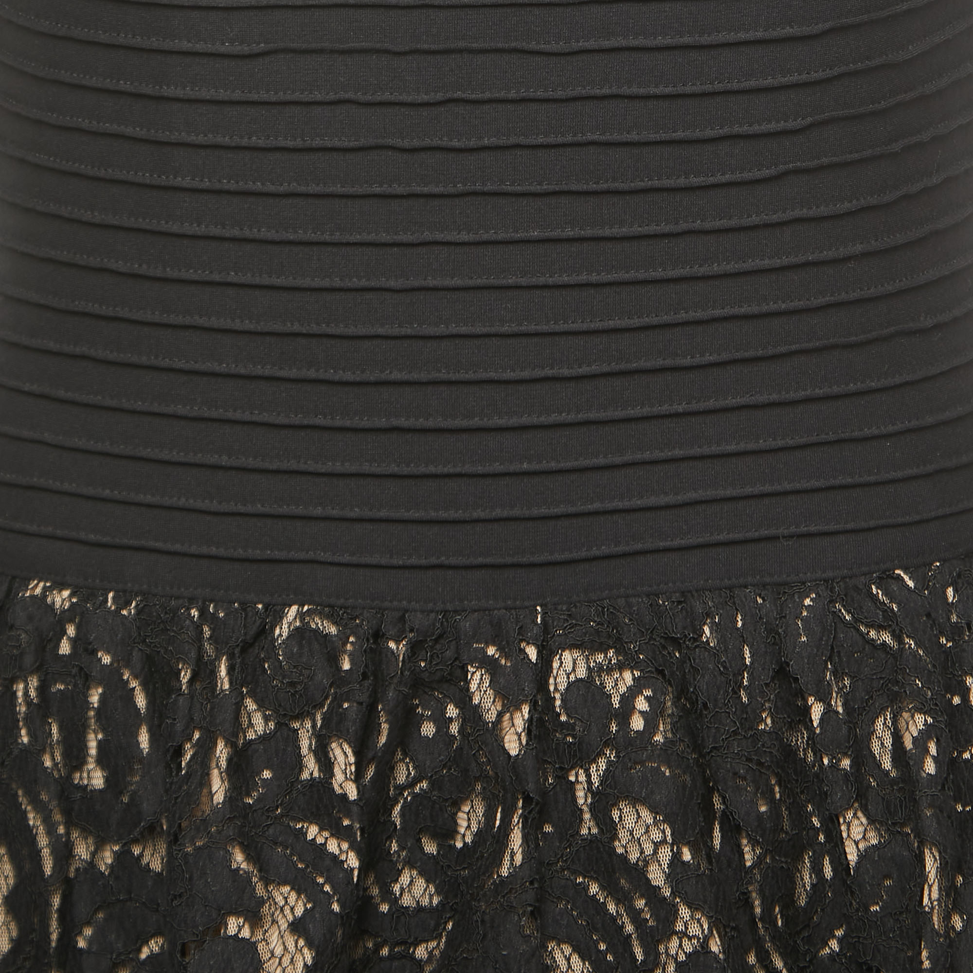Tadashi Shoji Black Pintuck Lace Peplum Cocktail Gown M
