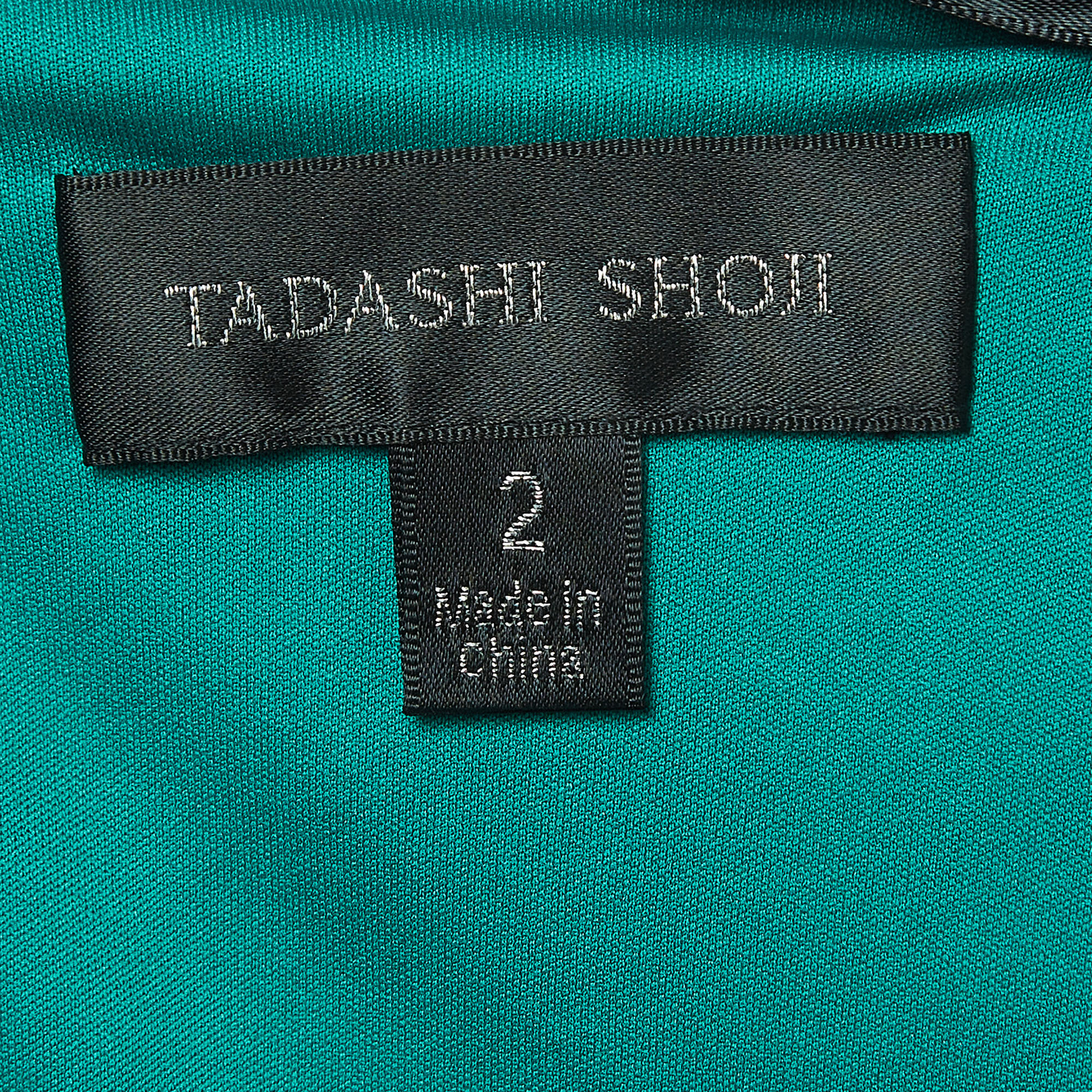 Tadashi Shoji Green Sequin Embellished Draped Crepe Gown S