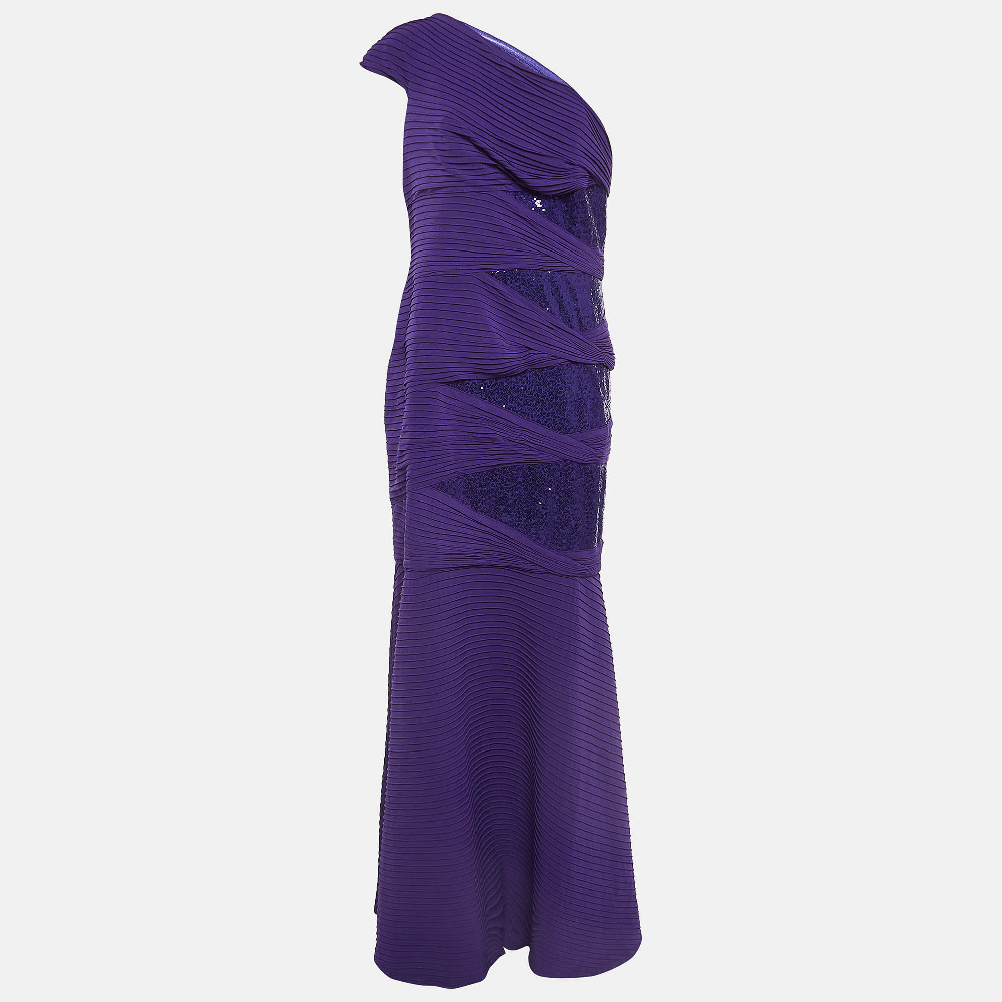 Tadashi shoji purple embellished knit one shoulder gown xl