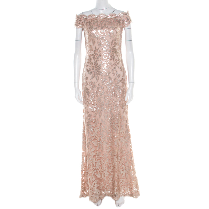 Tadashi shoji blush pink sequined off shoulder evening gown s