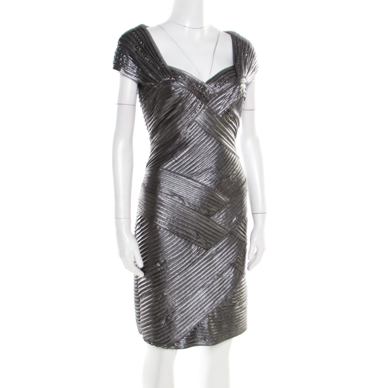 

Tadashi Shoji Metallic Pintucked Pleat Detail Embellished Dress