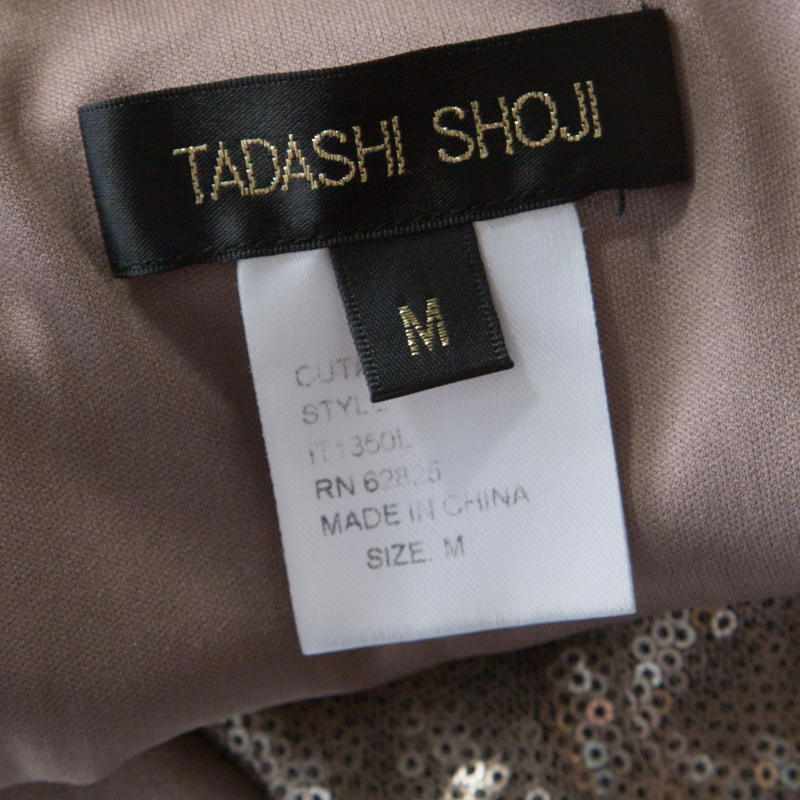 Tadashi Shoji Champagne Stretch Knit Sequined Inlay Draped Sheer Sleeve Top M