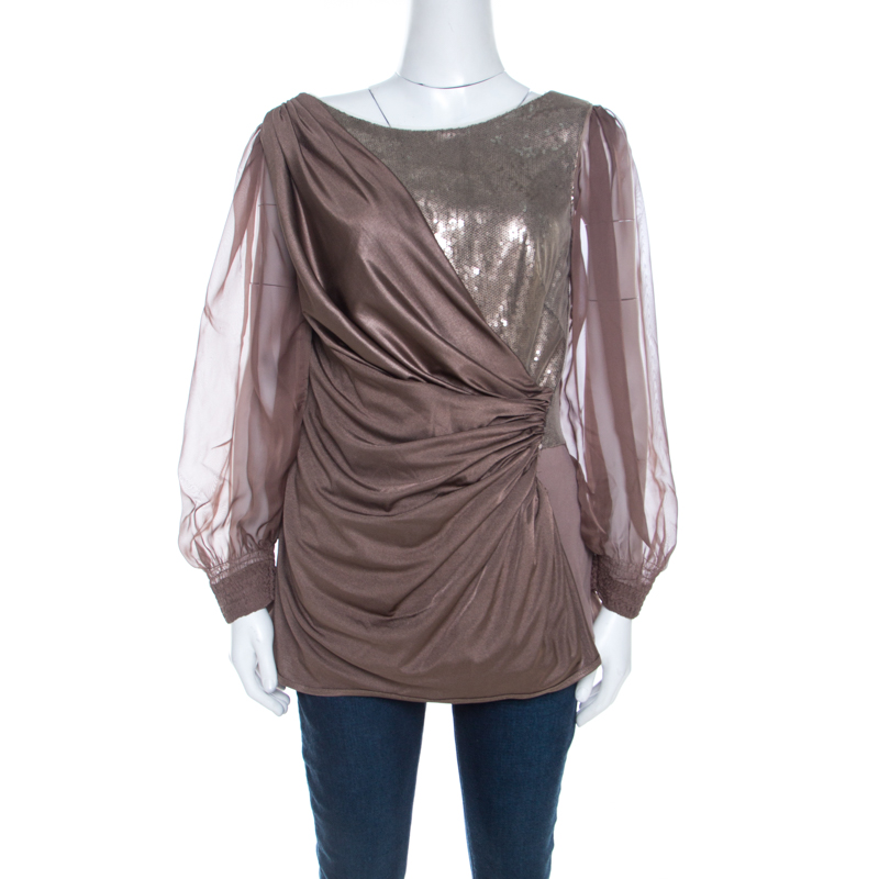 Tadashi shoji champagne stretch knit sequined inlay draped sheer sleeve top m