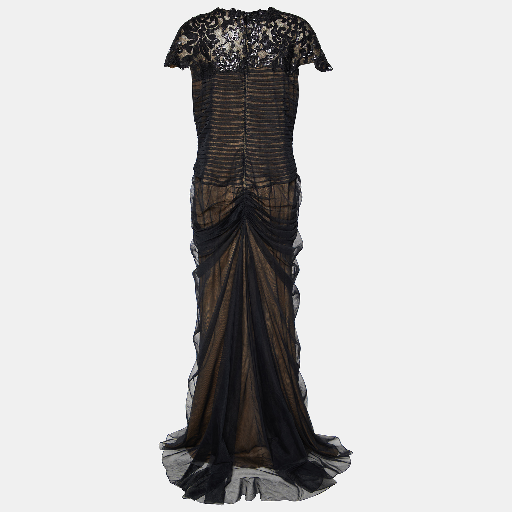 

Tadashi Shoji Black Sequin Embellished Tulle & Lace Gathered Waist Gown